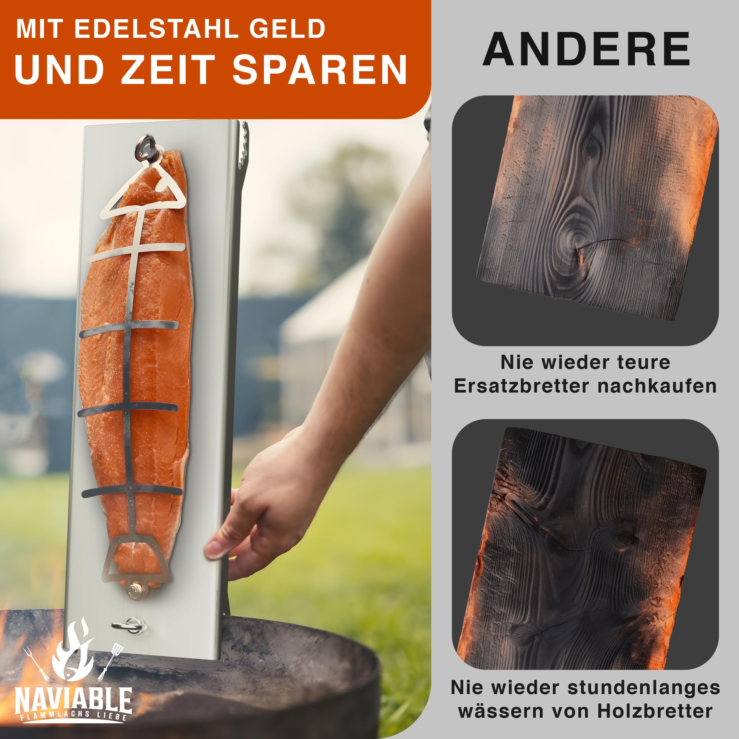 Edelstahl Flammlachshalter für Feuerschalen & Kugelgrills – Testsieger - 5-stufig verstellbares Grillbrett für perfektes Flammlachs und Fisch - Grillen bei Camping & Grillpartys
