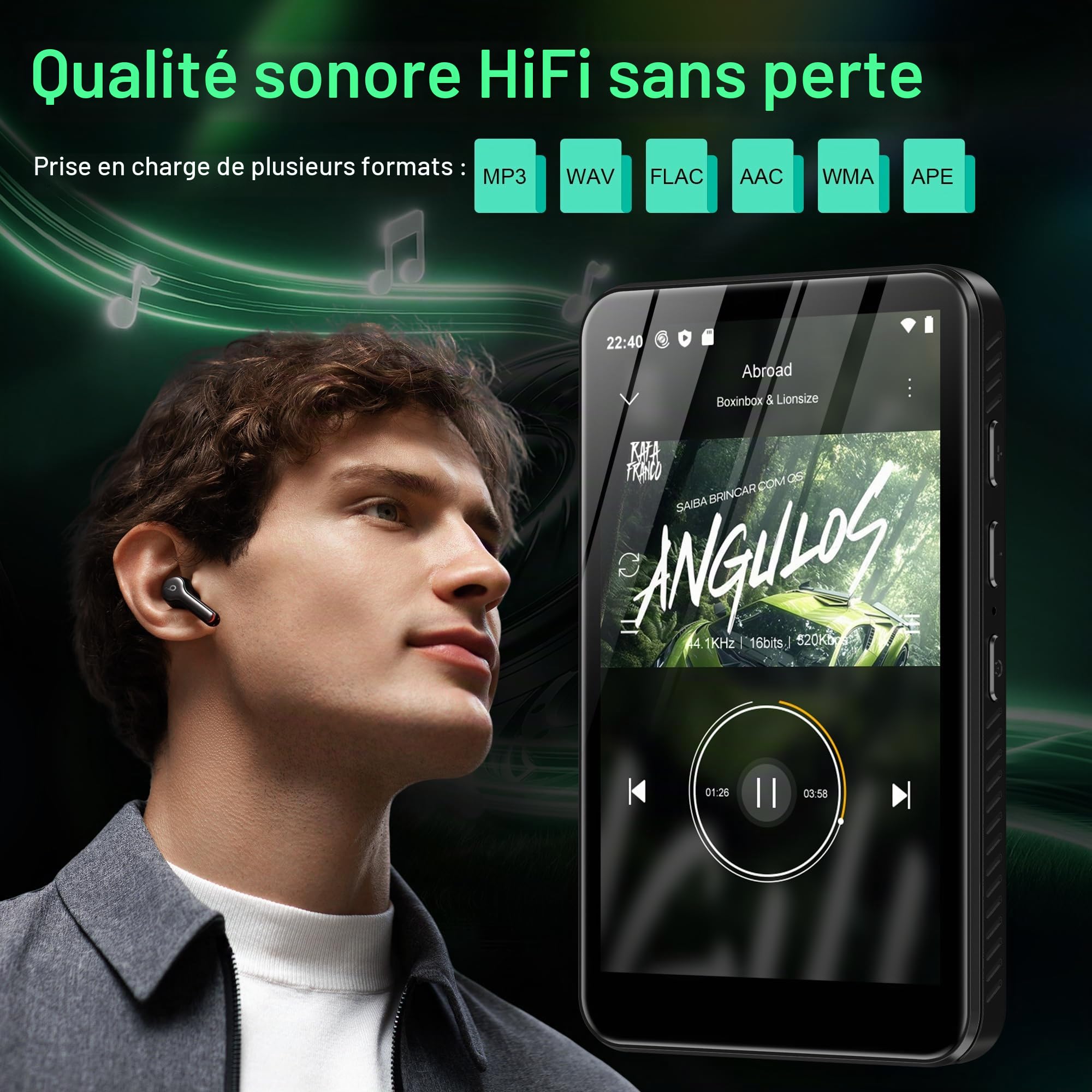 Lecteur MP3 SWOFY D08 32GB sous Android 13, écran Tactile 4 Pouces. Doté du Bluetooth et du WiFi, il Prend en Charge Spotify, Audible, Play Store et la Radio FM. Capacité Extensible Jusqu’à 1 to