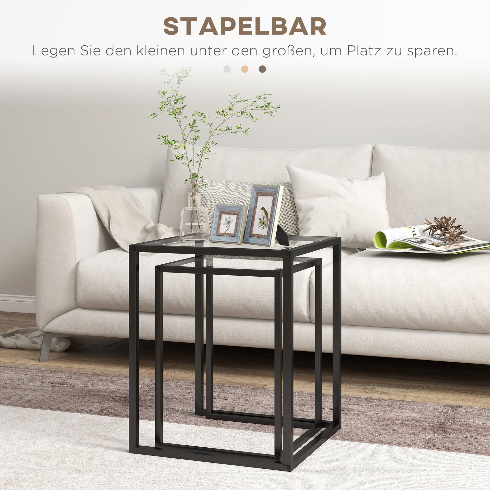HOMCOM 2er Set Beistelltisch Stapelbar Modern mit Stahlbeinen Schwarz | Nachttisch, Couchtisch, Tischplatte aus Verstärktem Glas, Wohnzimmertisch, Kaffeetisch, Modernes Design