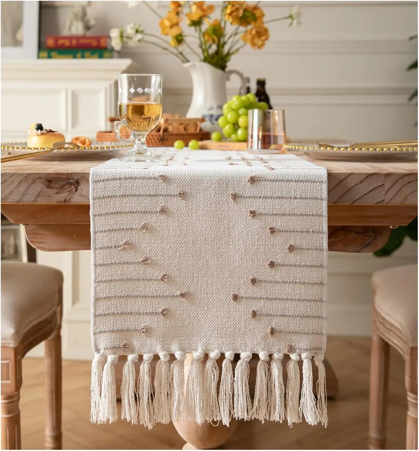 Table Runner Table Runner Cotton Woven Runner with Tassels for Home Dining Table Décor, for Modern Farmhouse Decor(Black,33x224cm)