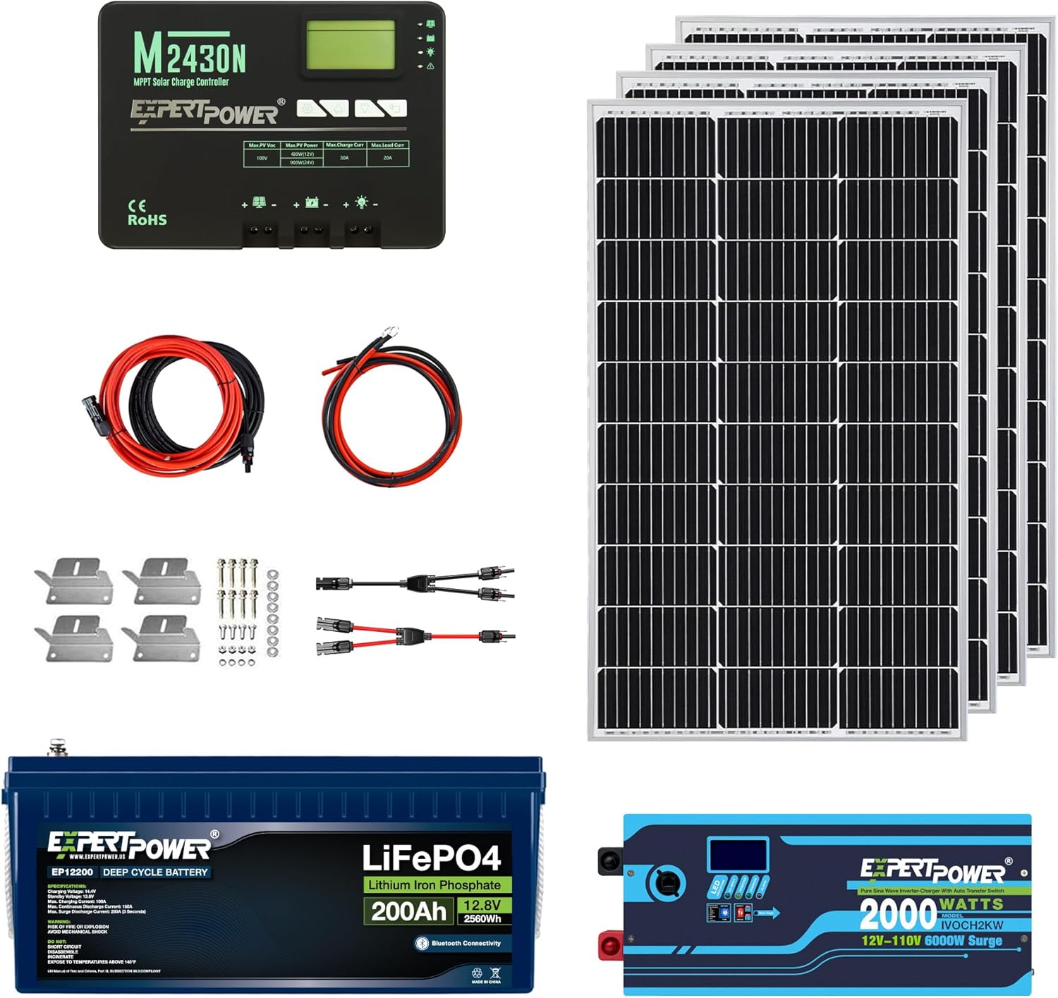 ExpertPower 2.5KWH 12V Solar Power Kit | LiFePO4 12V 200Ah, 400W Mono Solar Panels, 30A MPPT Solar Charge Controller, 2KW Pure Sine Wave Inverter Charger | RV, Trailer, Camper, Marine, Off Grid