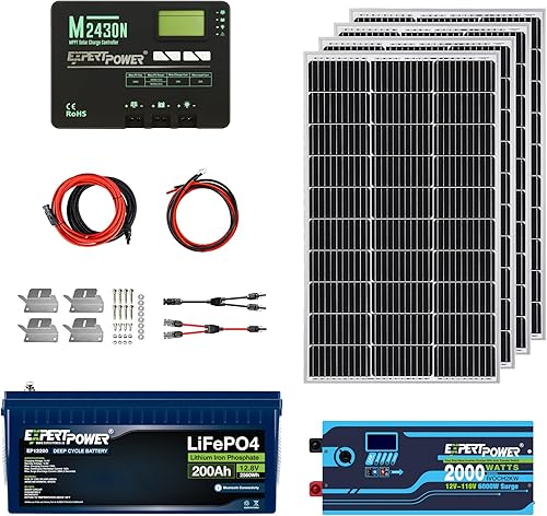 ExpertPower Kit de energía solar de 2.5KWH 12V  LiFePO4 12V 200Ah, paneles solares mono de 400 W, controlador de carga solar MPPT de 30 A, cargador