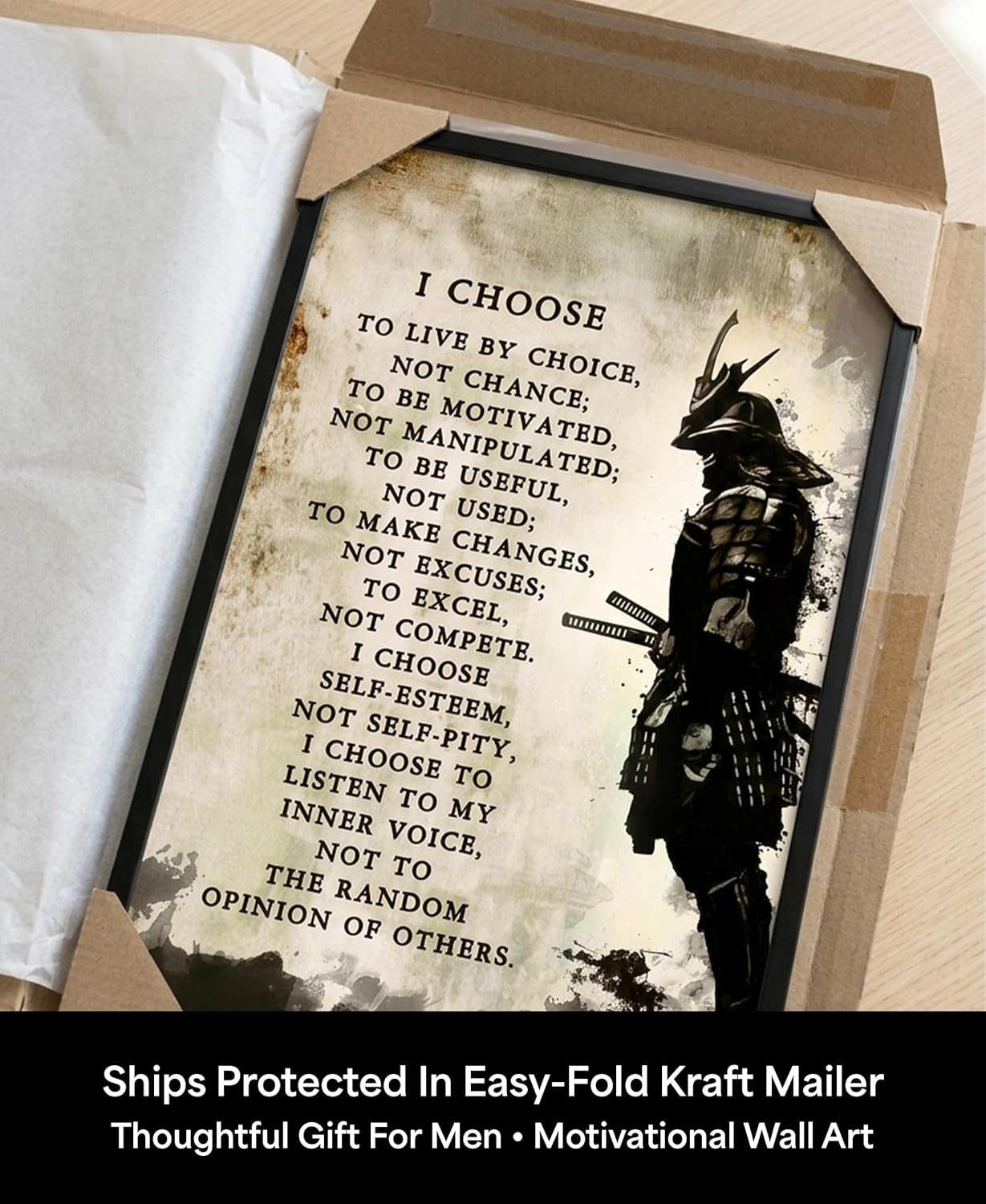 AMERICAN LUXURY GIFTS Samurai Motivational Wall Art – Warrior Poster for Office & Gym – Stoic Bushido Decor for Men & Dojo – Discipline Quote Print – 11x17 Black Framed – Made in USA Archival Matte