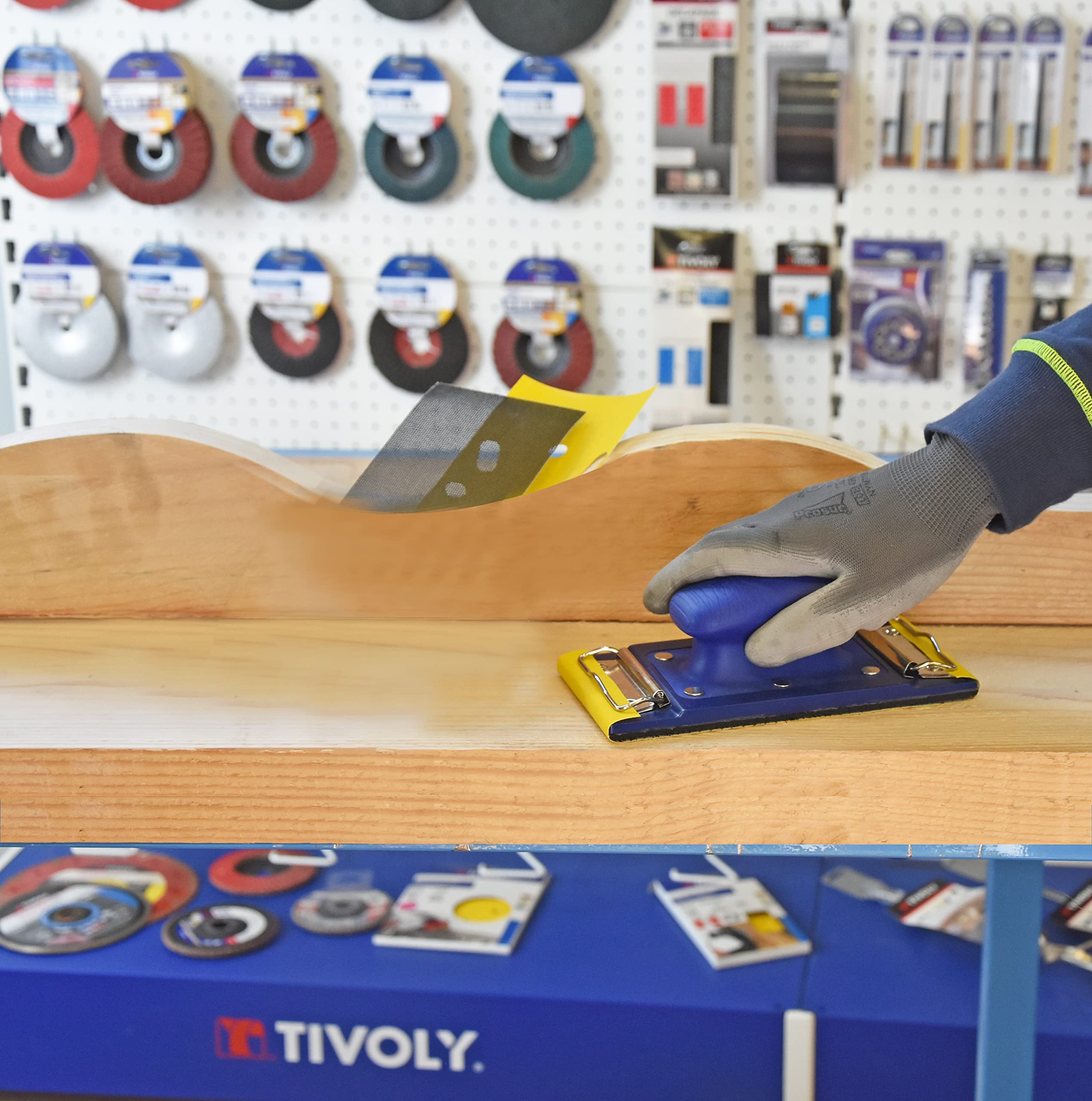Tivoly XT101520001 - Blocco abrasivo rettangolare, 92 x 185 mm, con velcro e pinze, ergonomico, colore: Blu Grigio