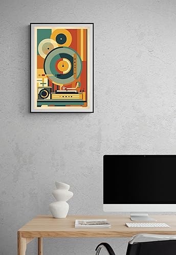 Miniatura 3 de Impresión artística de tocadiscos retro, póster de vinilo moderno de mediados de siglo, decoración de pared con música geométrica, sin marco (12 x