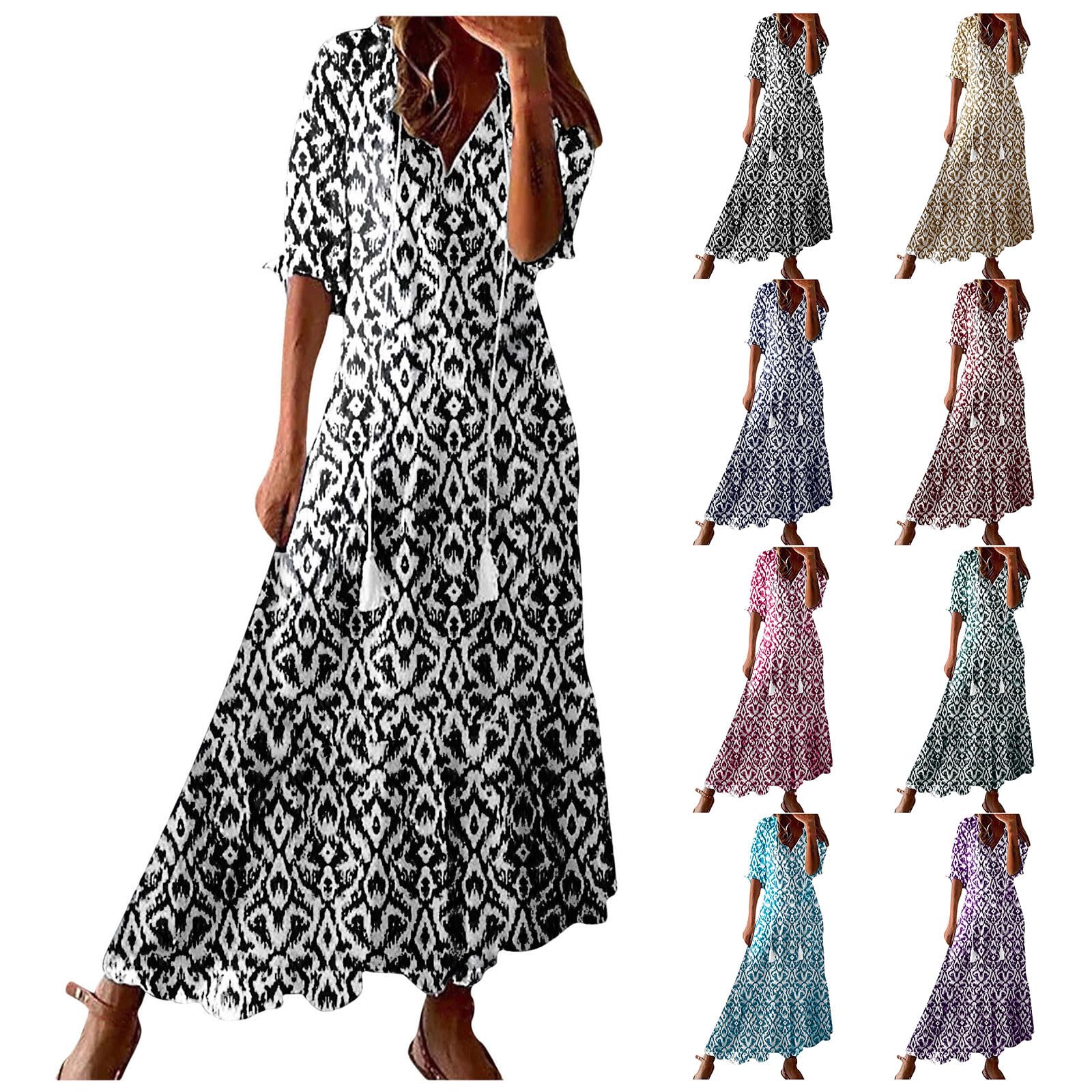 KGKQHKQ Boho Dress for Women Tassel V Neck Short Sleeve Maxi Dresses Ruffle Floral Printed Flowy A-Line Beach Dresses