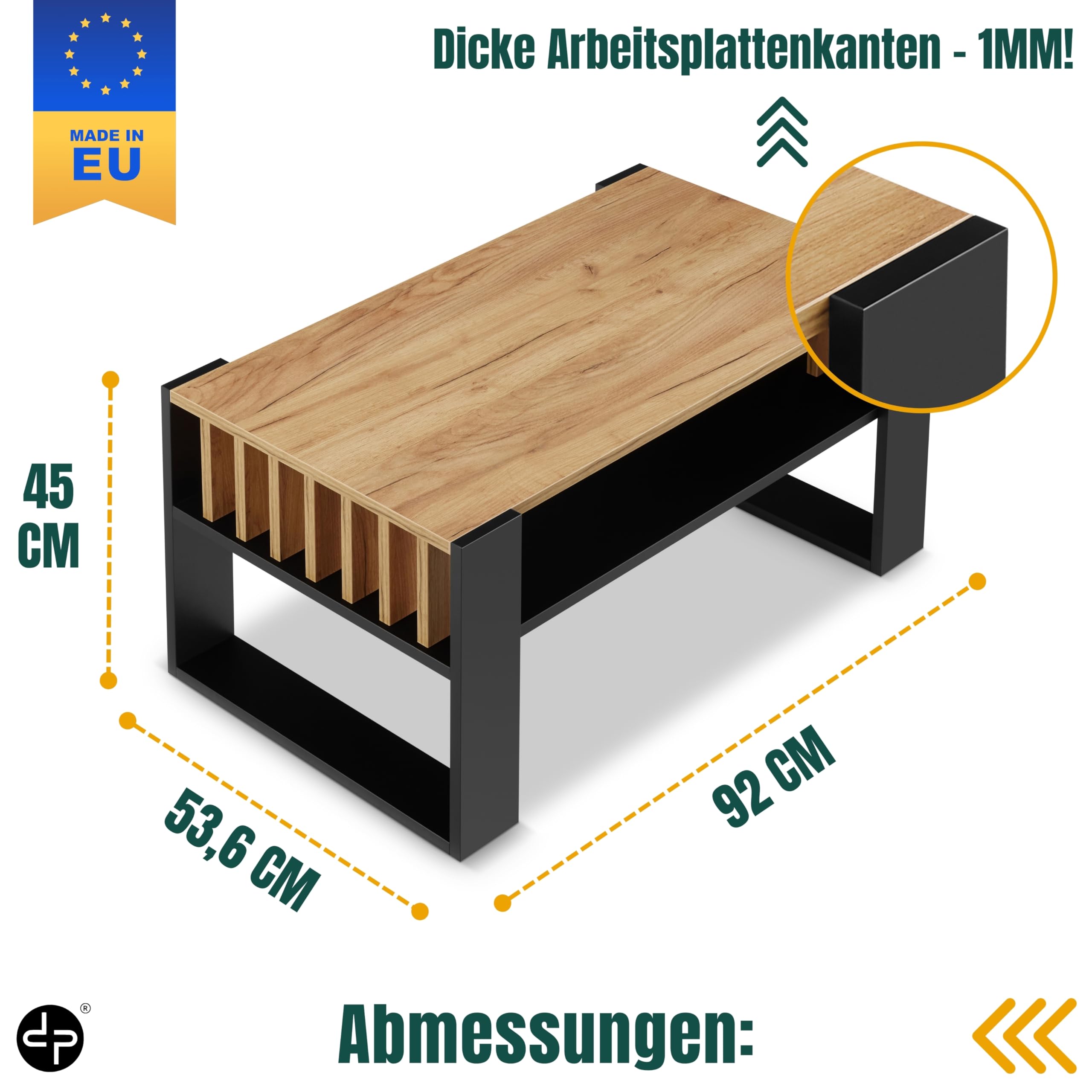 defiPad® Nowoczesny stolik kawowy z lammelami, szerokość 92 cm, duży stół do salonu, dąb | lity i stabilny | kolor czarny