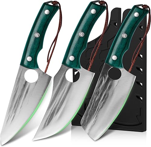 FULLHI Juego de 6 cuchillos de carnicero con funda de mango verde forjado a mano, cuchillo de chef forjado a mano, cuchillo de corte de carne de