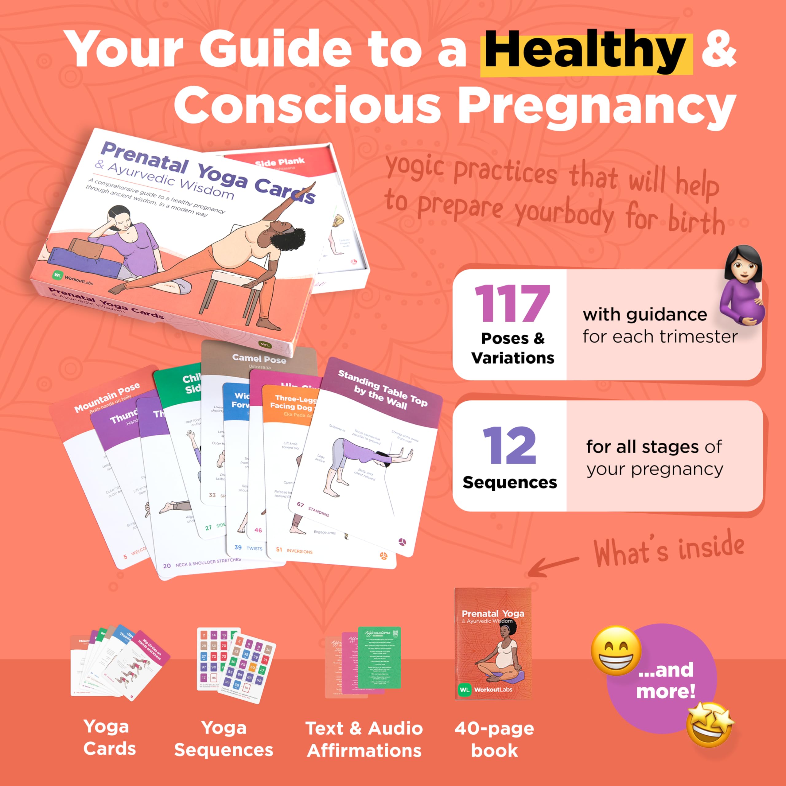 WorkoutLabs Cartes de yoga prénatal et ayurveda – Guide de grossesse saine et consciente avec sagesse ancienne de manière moderne · Cartes et livres de qualité supérieure pour femmes enceintes et