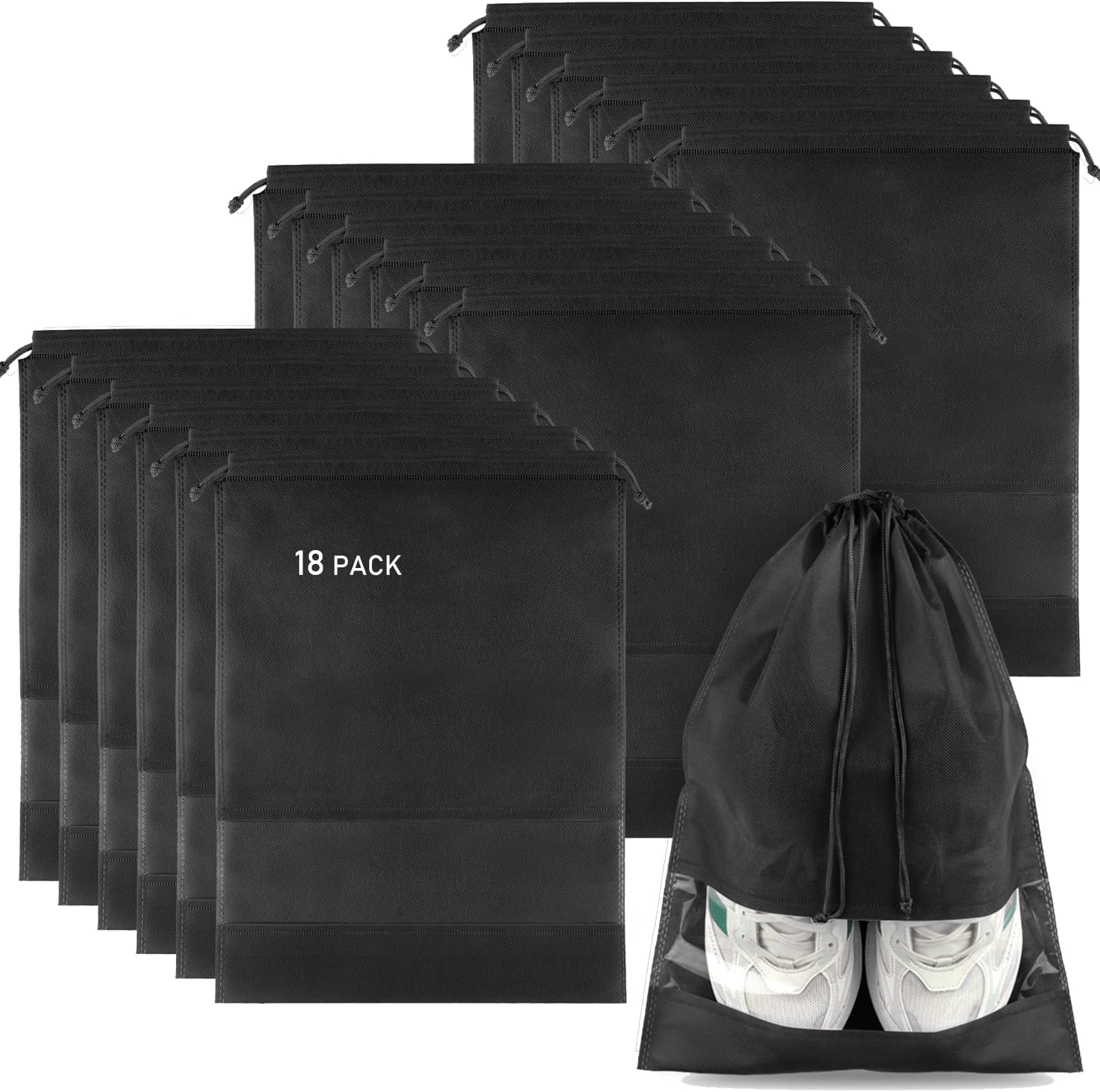 COIDEA 18 Pack Shoe Bags for Travel, Large Travel Shoe Bags for Packing with Clear Window, Dustproof Drawstring Travel Shoe Storage Bags Travel Essentials for Men & Women, Black