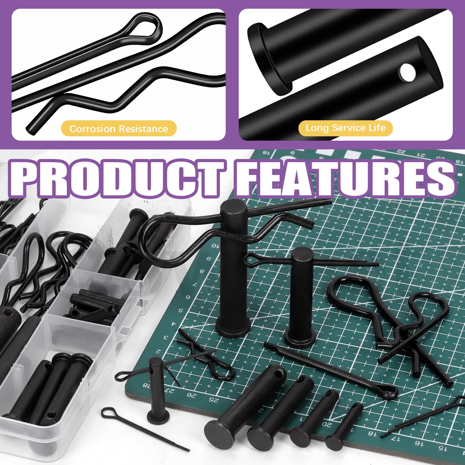 Swpeet 67Pcs 5 Sizes Clevis Pins with Cotter Pin Assortment Kit, Single Hole Flat Head Clevis Pins, R Pins, Hairpin, Cotter Pin, Split Pins Fitting Hole Location Pin Clips Fastener - Image 3