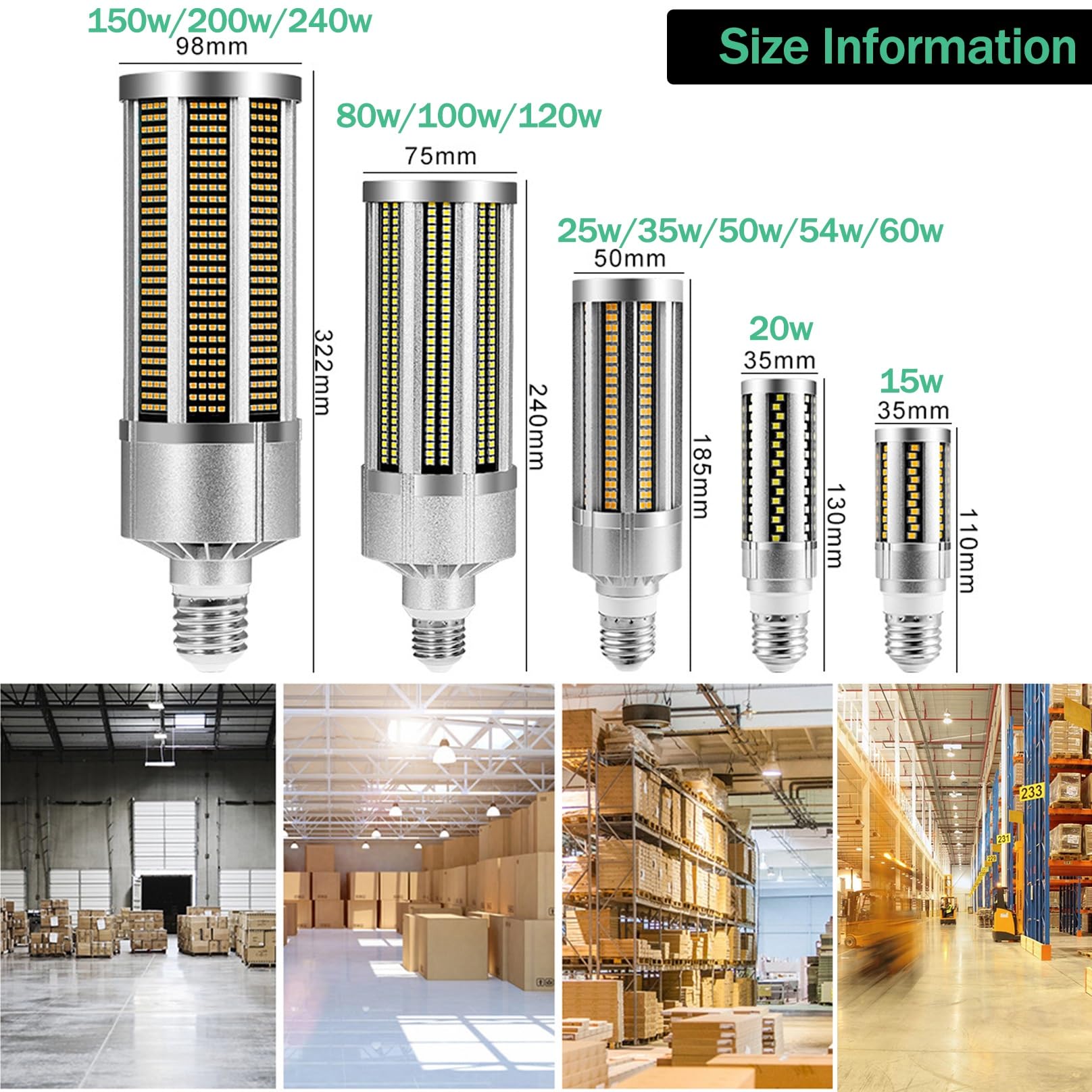 Lampadina LED A Mais 7200 Lumen 3000K/6000K 60W Ampia Area Luce Diurna Fredda Bianco E27 Base Media for Garage Magazzino Officina di Fabbrica (Color : Cold White, Size : 60w)