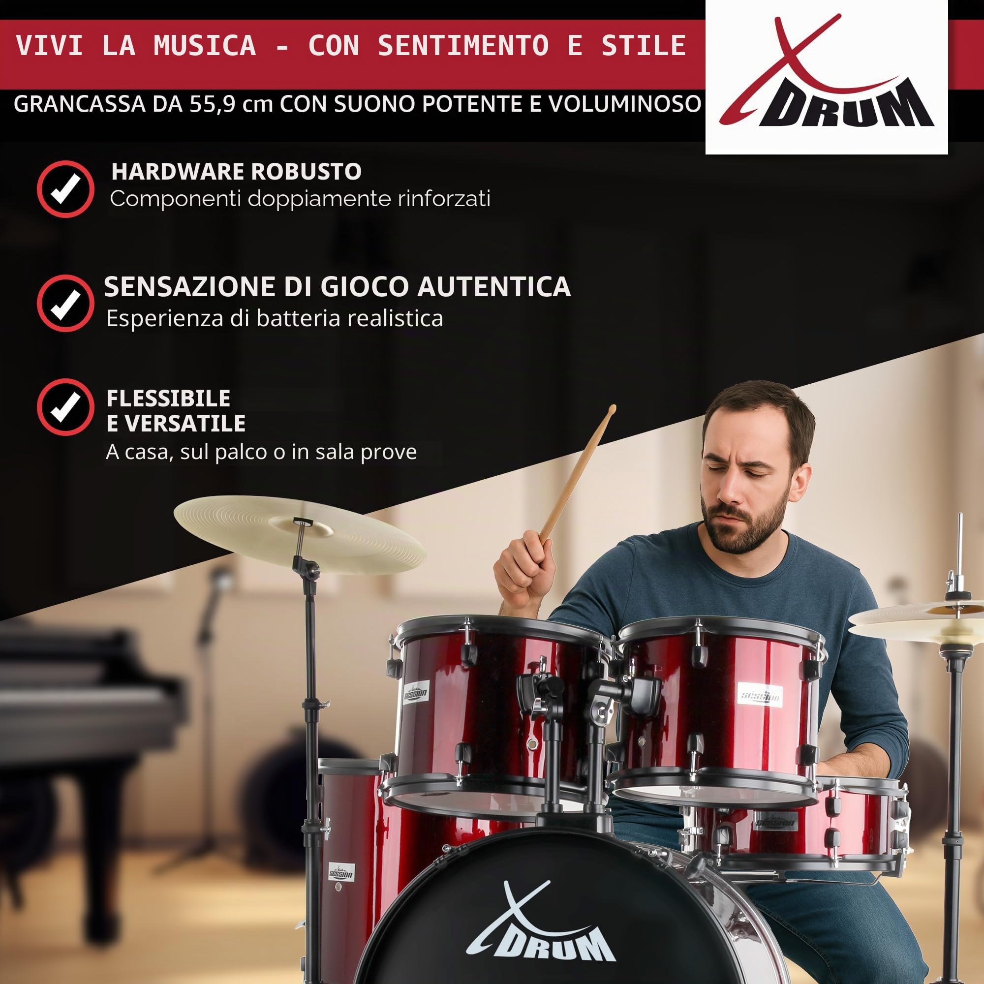 XDrum Rookie 22" Fusion Batteria Completa Ruby Red incl. Scuola, 14" TT | Fusti in pioppo acusticamente pregiato con pellicola speciale, Hardware nero a 5 pezzi con doppio supporto, 14" TT, 14" SD