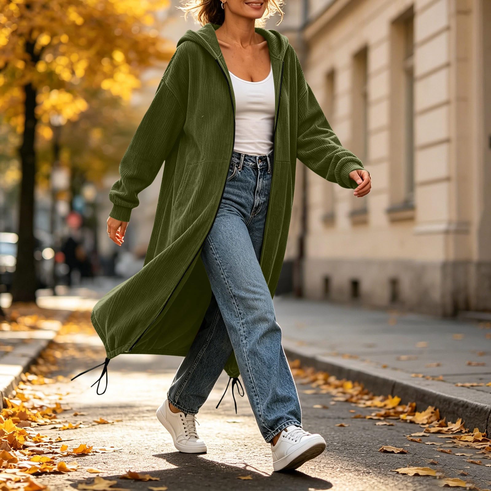 Sweatjacke Damen Lang Kordjacke Kapuzenpullover Sweatshirt Jacke Windjacke