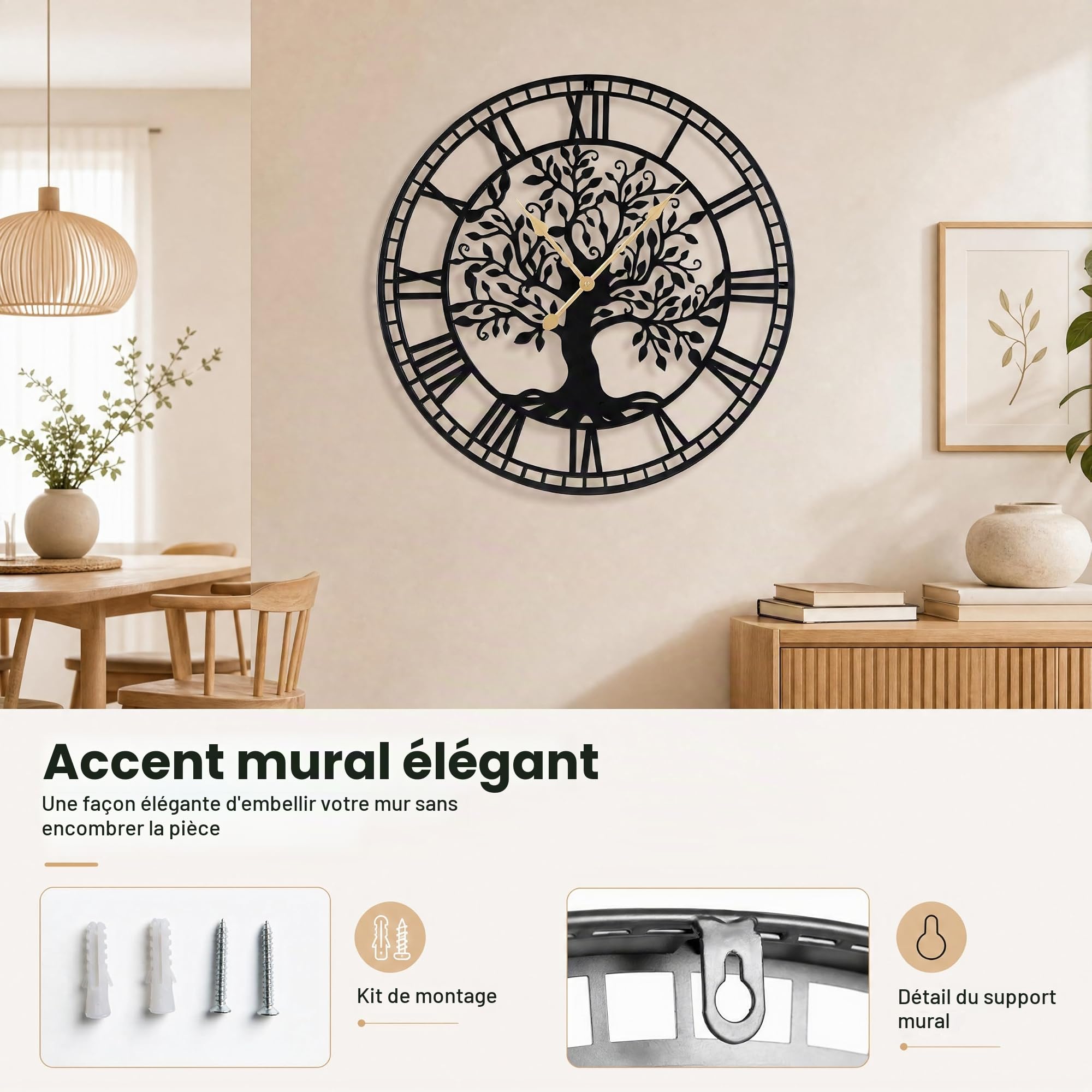 LIFEZEAL Grande Horloge Murale Silencieuse 68 cm, Horloge Murale Design Moderne Arbre de Vie en Métal, Pendule sans Tic-Tac à Piles, Décoration Murale pour Salon, Chambre, Bureau (Style1)