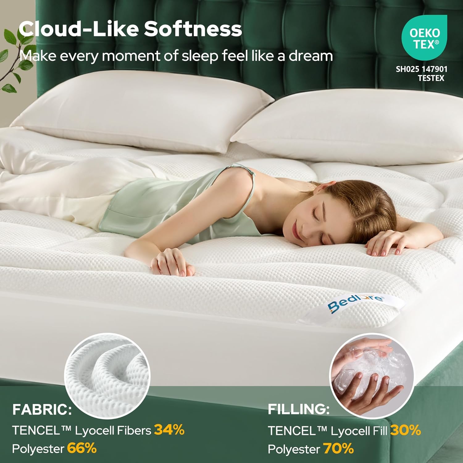 BEDLORE King Mattress Topper, Thick Tencel™ Blend Pillow Top Mattress Pad, Soft and Breathable Mattress Cover for Back Pain Relief, Deep Pocket Design Fits 6–18 Inches Mattresses(White) - Image 5