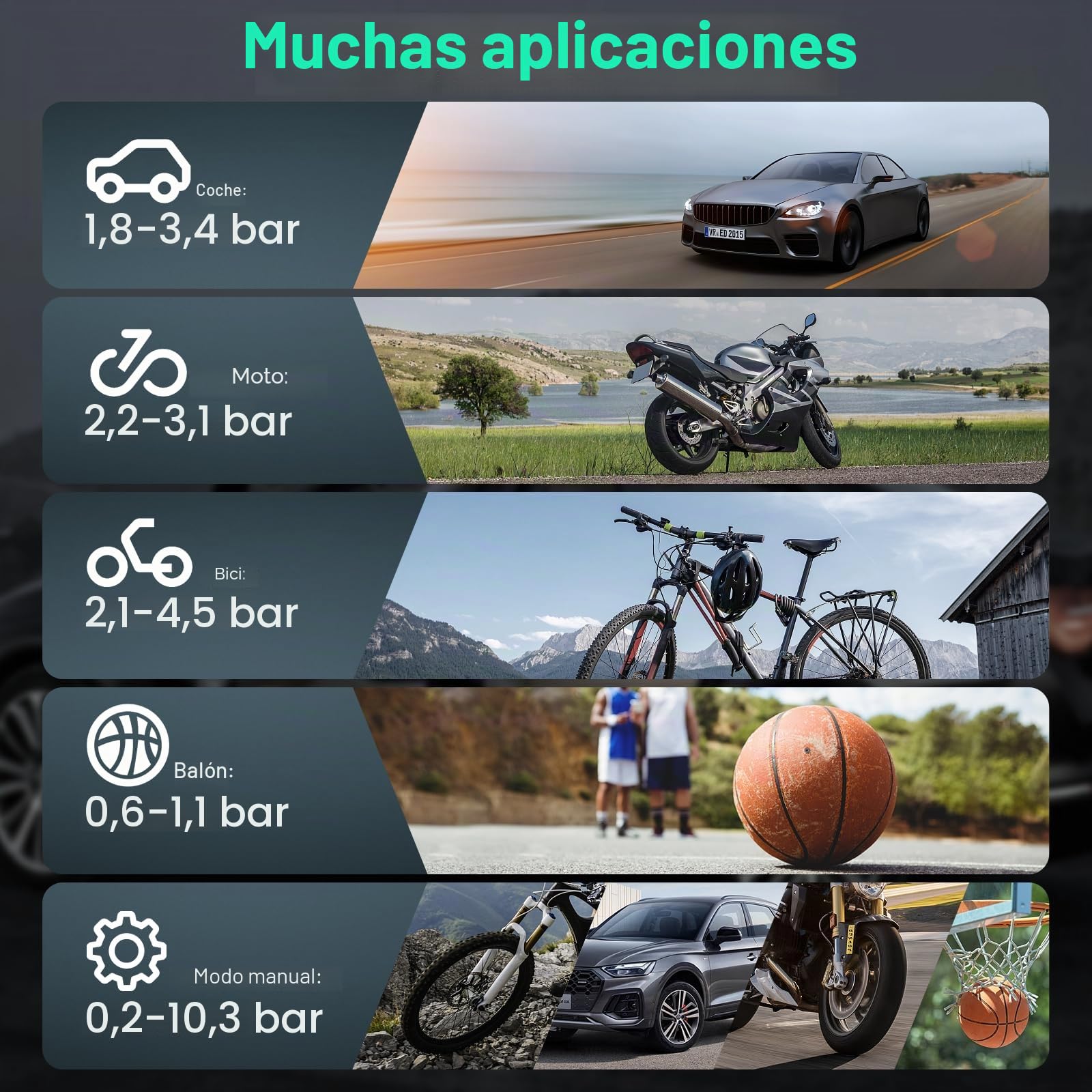 6000Mah Compresor Aire Portatil, 150PSI Inflador Ruedas Coche Mini Bomba de Aire Bicicleta Electrica con Pantalla LCD Digital y Linterna LED，con 4 Boquillas para Coches, Motos