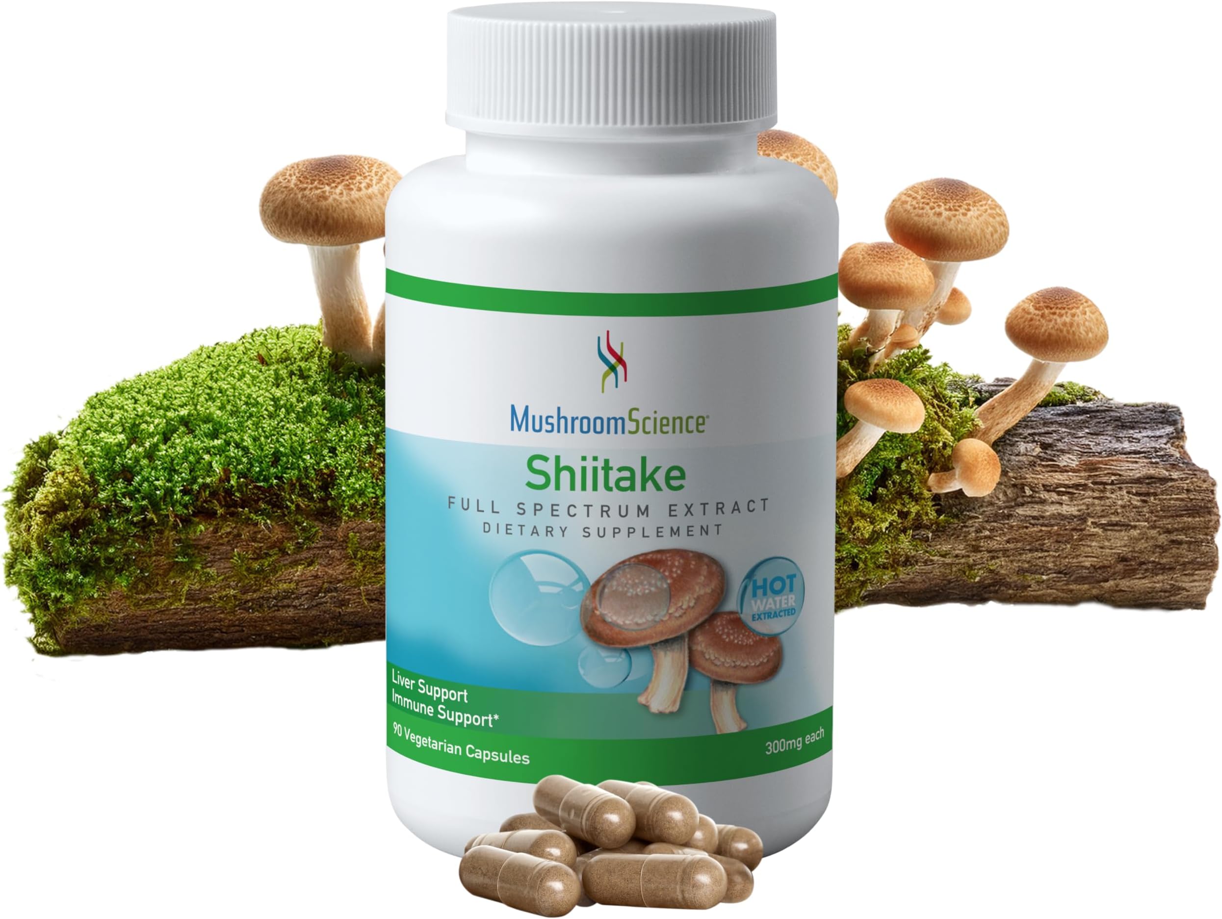 MushroomScience Shiitake Mushroom Capsules, Full Spectrum Extract, Natural Mushroom Supplement for Adults, Hot Water Extracted Mushrooms, Health Defense Support, Vegetarian, 300MG, 90 Count