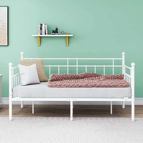 HOMERECOMMEND Twin Metal Daybed Frame Sofa Bed Frame with Headboard | Metal Slats Platform Base Box Spring Replacement Bed Sofa for Living Room Guest Room(Twin, White Sanded)