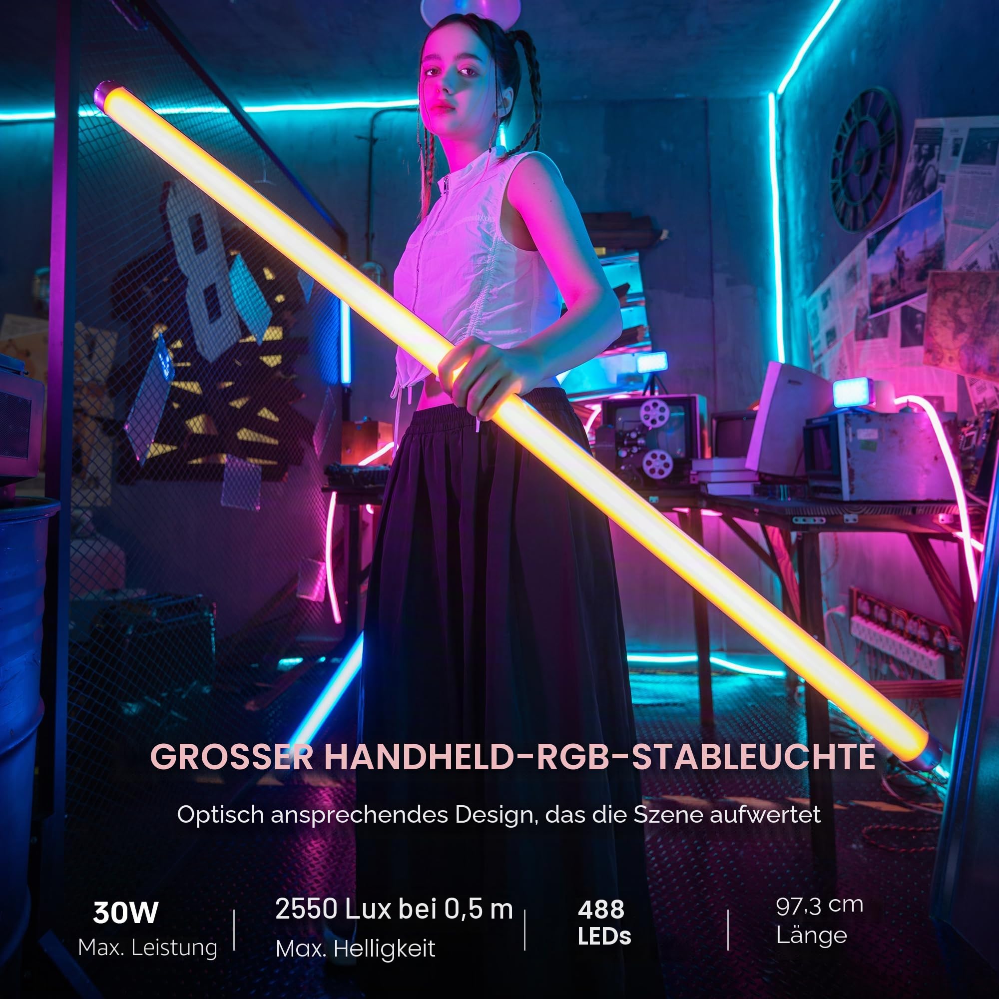 VILTROX K90 2er Pack RGB Leuchtstoffröhre, 30W 38" großer RGBWY-LED-Video-Stick-Lichtstab für Fotografie mit APP/2,4 G/Fernbedienung, CRI 97+, 26 Szenen, 2500K-8500K, 14,8V/3300mAh Akku, Magnetchip