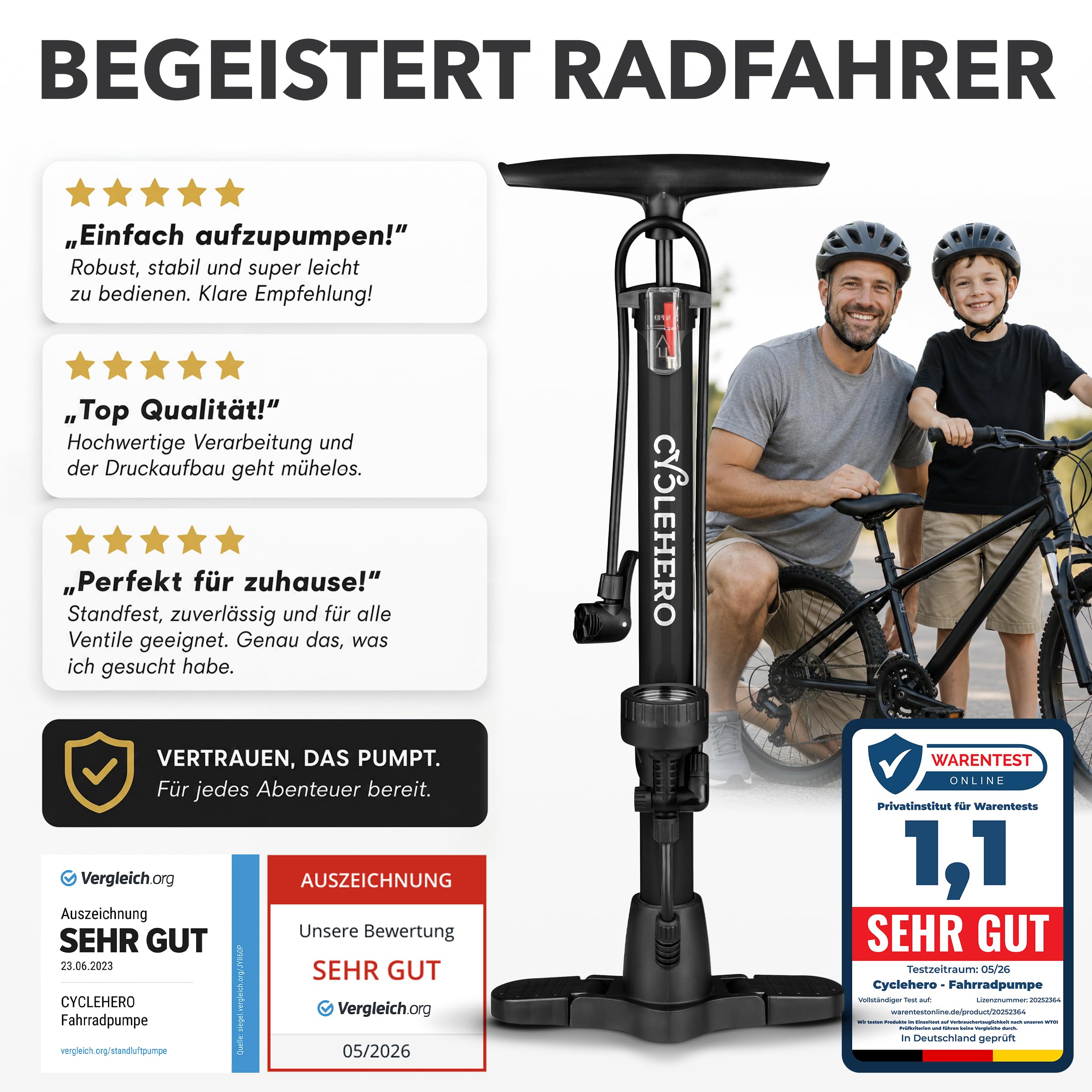 Fahrradpumpe alle Ventile **Test SEHR GUT + 10 Jahre GARANTIE** Leistungsstarke Fahrrad Pumpe Luft – Fahrrad Luftpumpe Französisches Ventil - Luftpumpe Fahrrad Standpumpe mit Manometer Standluftpumpe