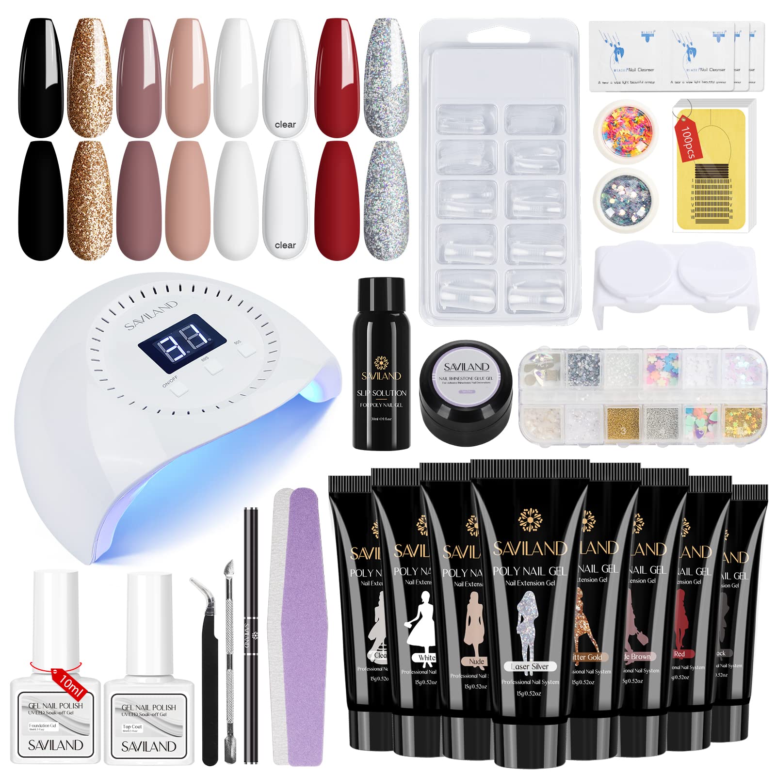 SAVILANDPoly Gel Nail Kit 8 Colors with 96W U V Nail Lamp Poly Nail Extension Gel White Black Glitter Slip Solution Nail Tools All in 1 Manicure Starter Kit for Nail Salon Home DIY Beauty Gift