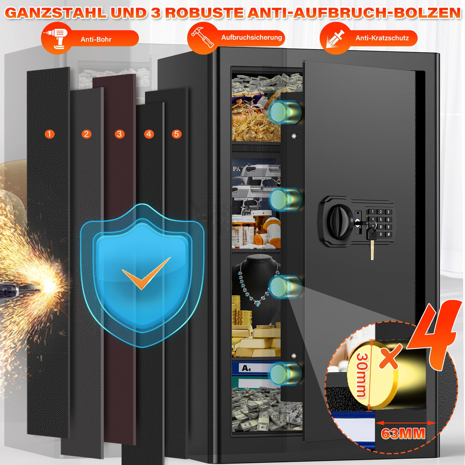 90L Großer Feuerfester Tresor mit Feuerfeste Dokumententasche, Digitaler Heimtresor mit Herausnehmbarem Regal, Möbeltresor Dokumente Gold Schmuck Wertsachen