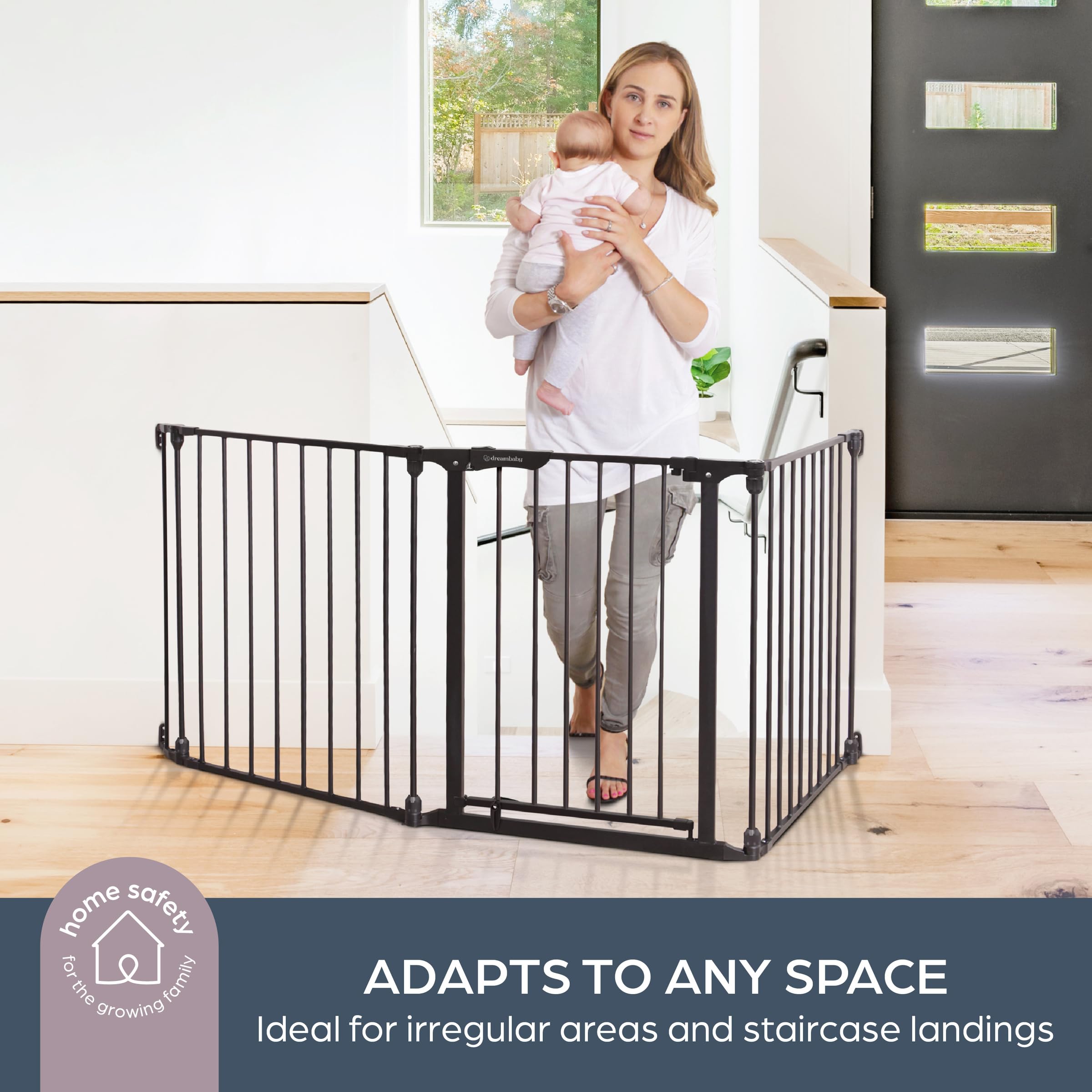 Dreambaby Discovery Metalowa bramka dla dzieci, 1,95 m, bardzo szeroka, 3-panelowa, do otworów kątowych, konfigurowalna do schodów i korytarzy, wysokość 74 cm