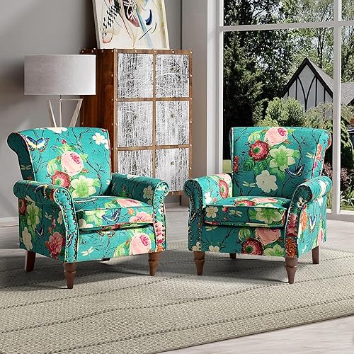 HULALA HOME Modern Wingback Accent Chairs Set of 2 with Wood Legs & Removable Cushion, Comfy Upholstered Armchairs with Nailhead Trim, Floral Pattern Single Sofa Chairs for Living Room Bedroom, Blue
