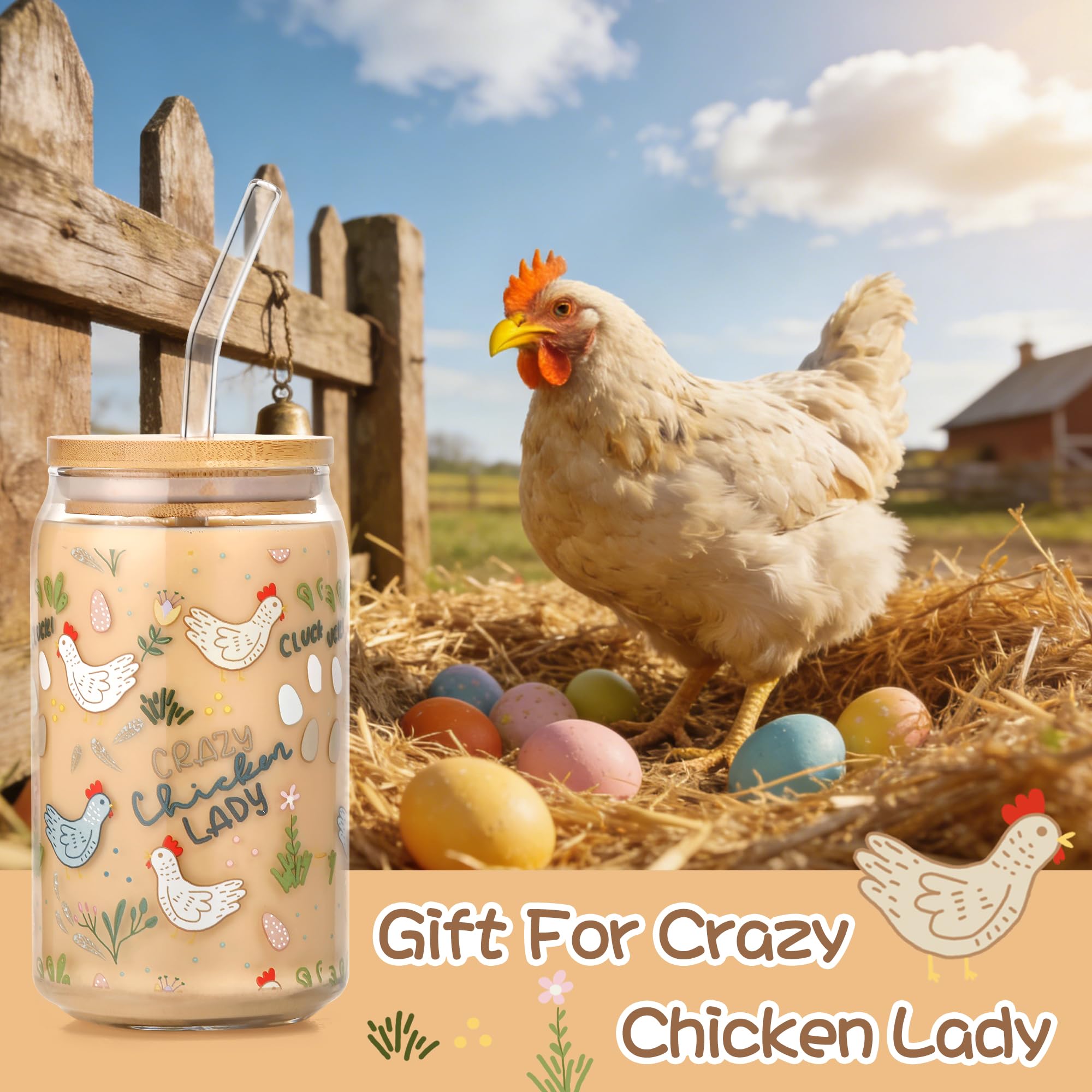 SUPREME LIGHTS ·2017· 16 oz Funny Chicken Glass Cup with Lid & Straw, Chicken Gifts for Chicken Lovers, Chicken Cups Gifts for Women Men Boys Girls Kids, Ideal for Crazy Chicken Lady