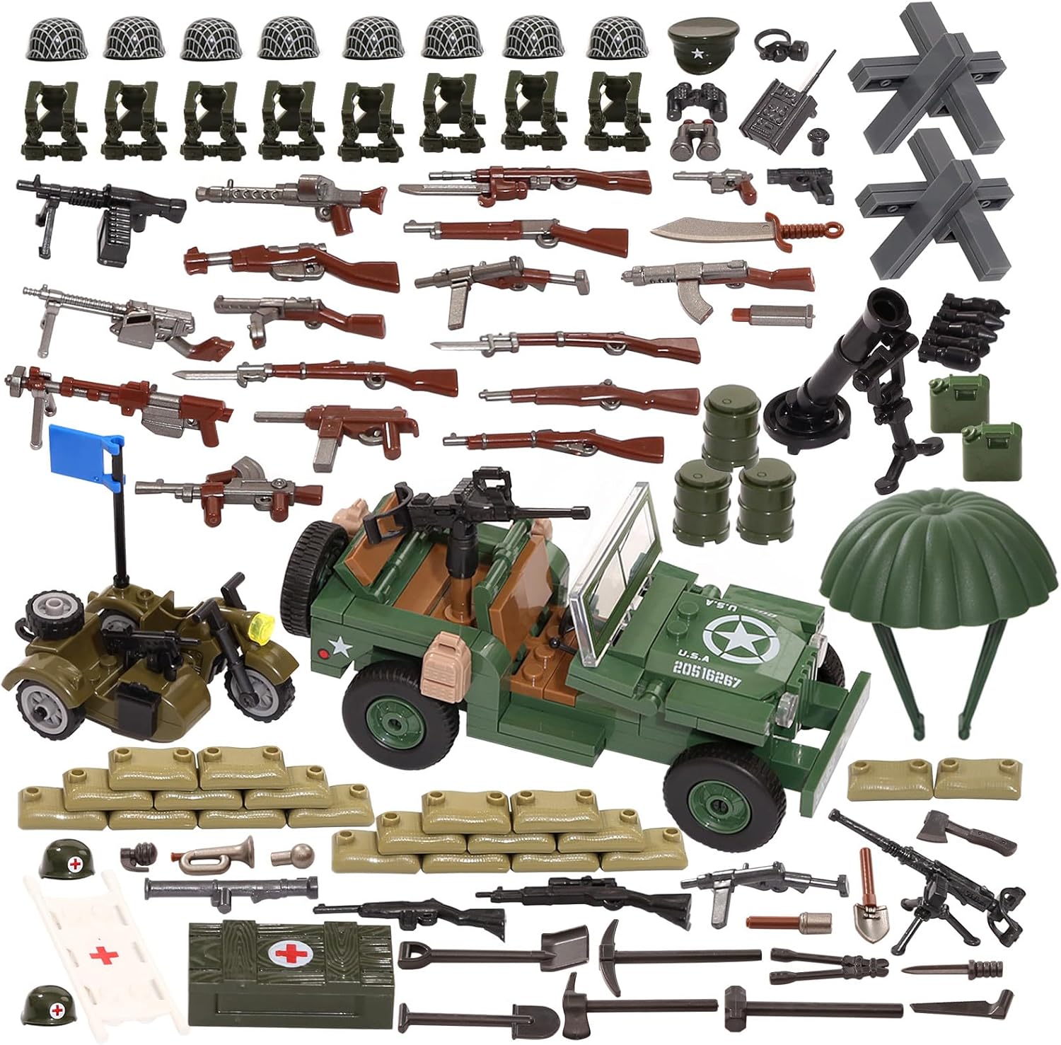 Feleph WW2 Military Vehicles Weapons Pack 282 Pieces US Army Building Block Toy Set WWII Car Tricycle Gear Helmets Vests Tools Bricks Model Compatible with Soldier Figures for Ages 6 and Up