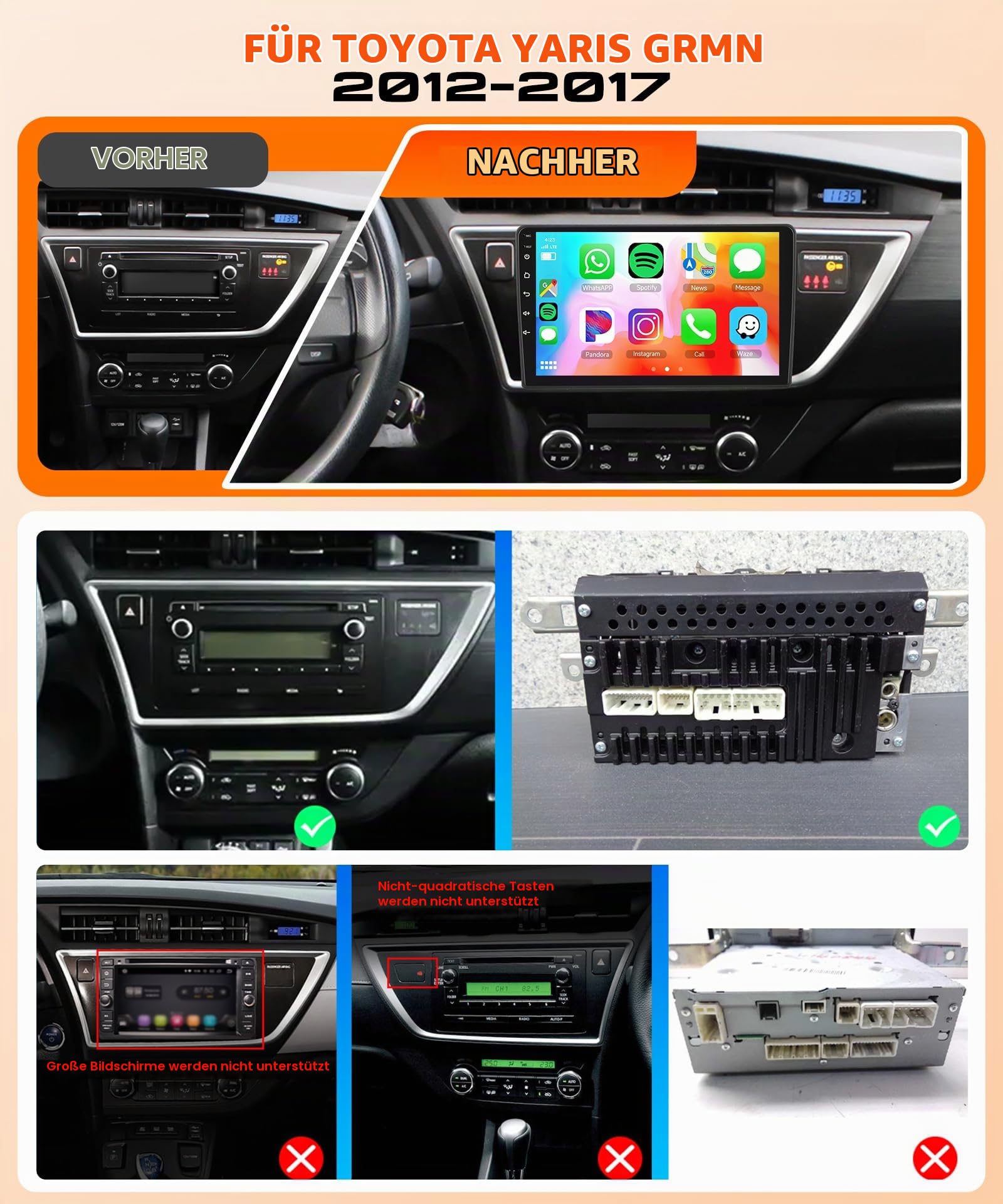 2G&64G VECHTEL 9" Bluetooth-Autoradio für Toyota AU-RIS 2013-2015 Carplay Android Auto Wireless, EQ, WiFi GPS Navi, Airplay,Android Cast,RDS/FM Radio 2 Din mit AHD Rückfahrkamera