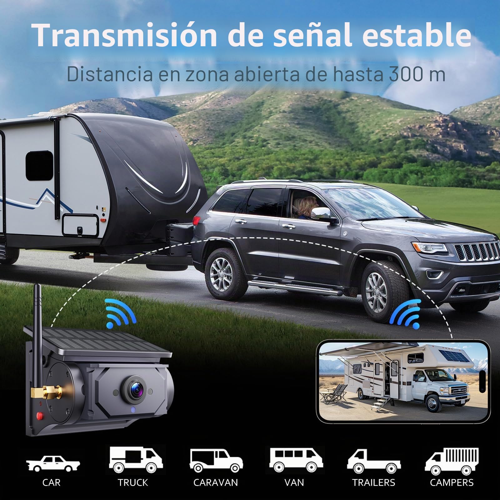 Camara Trasera Coche Inalambrica Solar, 9600mAh Batería Recargable Camara Marcha Atras Inalambrica, Impermeable IP67 Visión Nocturna 1080P HD, Gran Angular para Caravana Camión RV Remolque