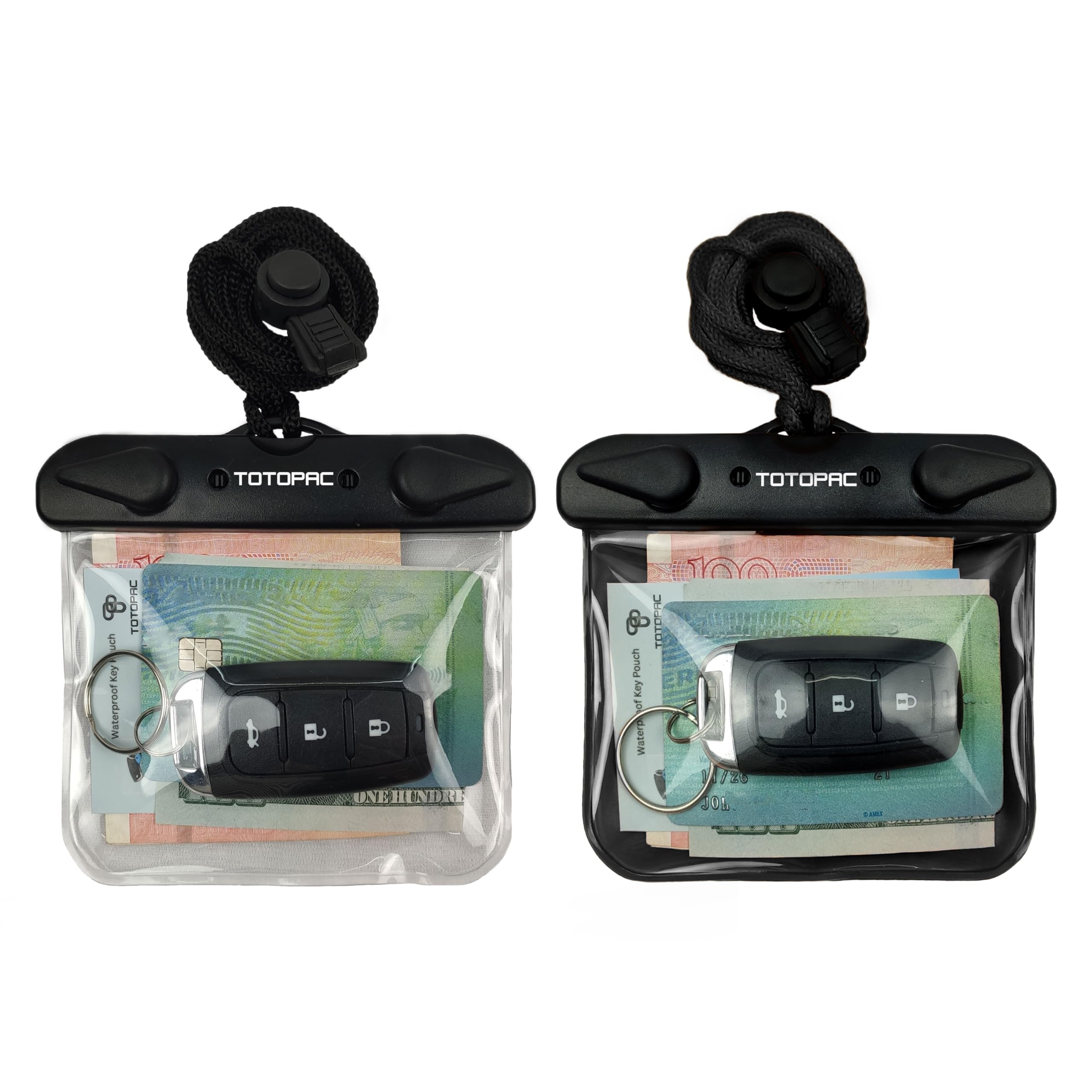 TOTOPAC 2Pack Waterproof Car Key FOB Case Floating Wallet Pouch for Remote Keys ID Credit Card Cash Money Submersible Dry Bag Holder (2, Black + Transparent)