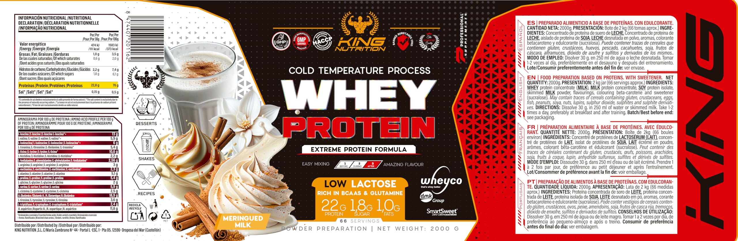 Whey Protein King Nutrition Proteina Concetrada (Leche Merengada, 2000gr + Creatina 500gr)