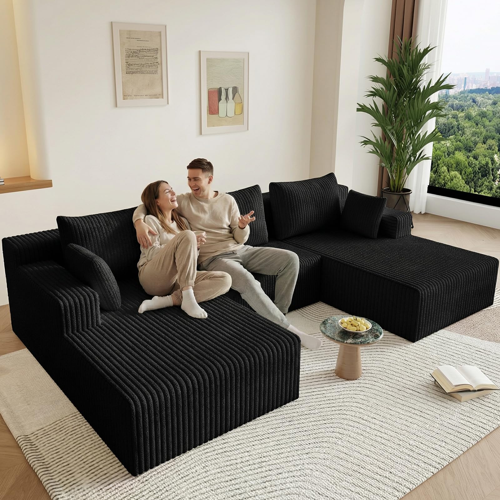 107" U-Shape Cloud Couch, Modern Modular Sectional U-Shape Sofa, Corduroy Boneless Couch Upholstered Couches Deep Seat Sleeper Chaise Longue for Living Room, No Assembly Required, Black