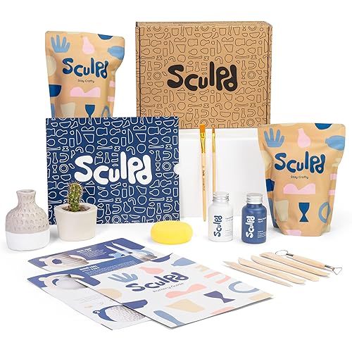 Sculpd Pottery Kit, Air Dry Clay Starter Kit for Beginners with Matte Varnish, Pottery Kit for Two Includes Paint, Tool Set, Paintbrushes, Sponge and Step-by-Step Guide, Air Drying Clay Kit for Adults