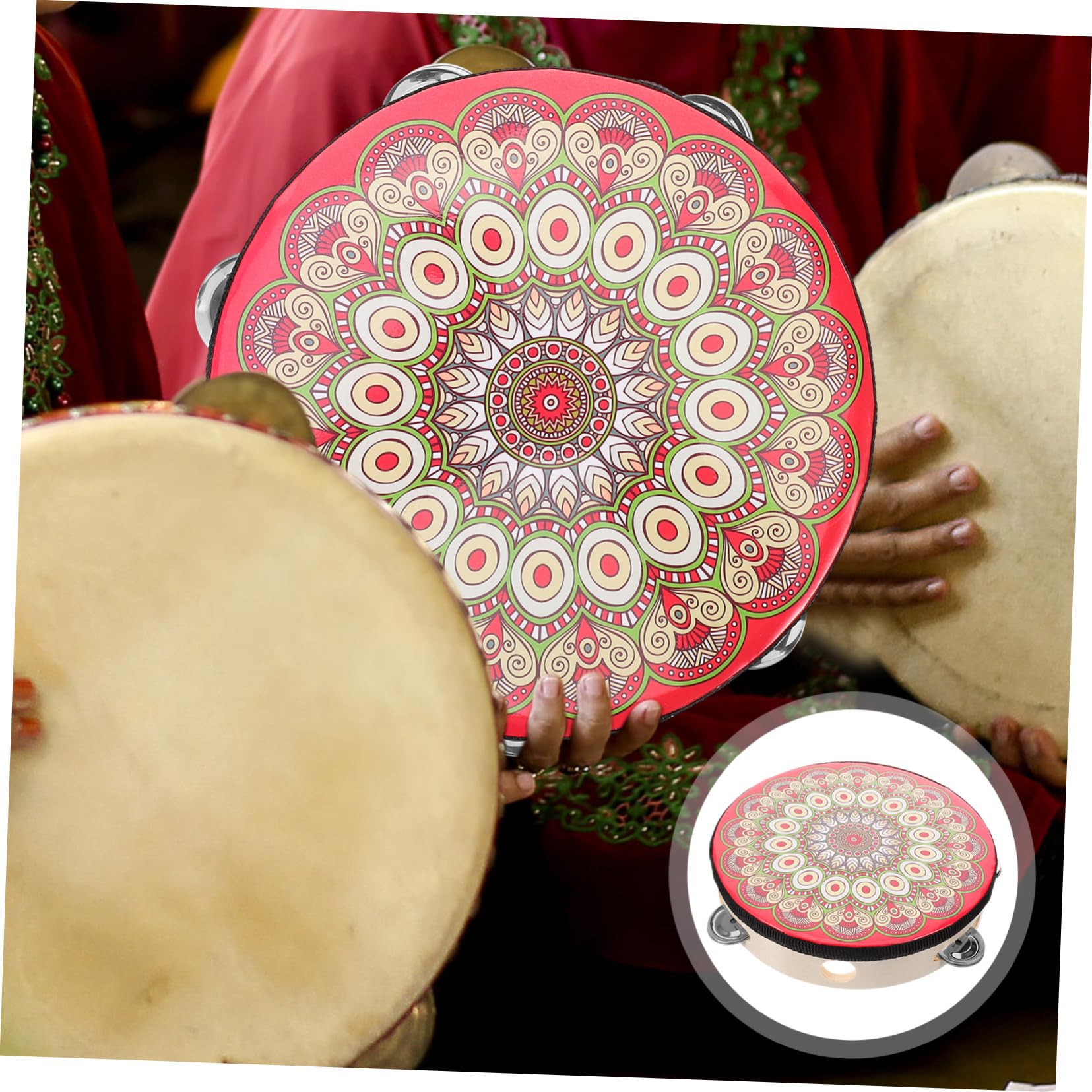 ibasenice 5pièces Tambourin Bois Avec Motifs Uniques Instrument De Percussion Pour Performances De Danse Église Et Karaoké Tambour à Main Pour Adultes