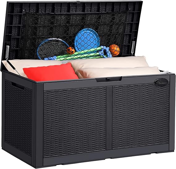 YITAHOME 100 Gallon Large Deck Box w/Storage Net, Resin Outdoor Storage Boxes