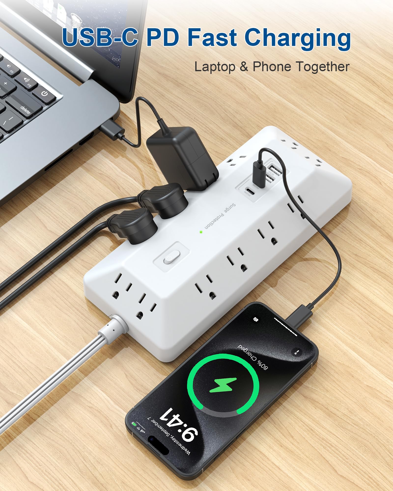 Ciabatta per computer con protezione da sovratensioni, 12 prese AC, 2 USB-C 2 USB-A, cavo di prolunga piatto da 1,8 m per stazione di ricarica