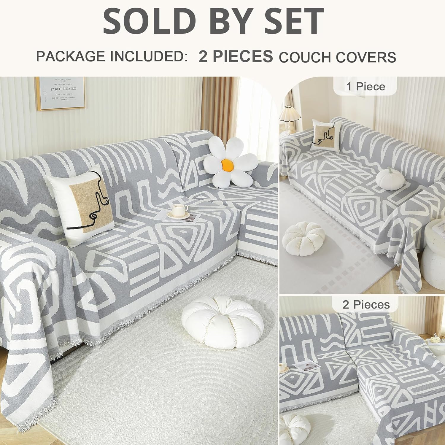 Royhom Sectional Couch Covers 2 Pieces, L Shaped Couch Cover Blanket, Boho Sofa Covers Washable, Sofa Slipcover with Tassel, Suitable for All Seasons (71"x102"+71"x118", Light Grey)