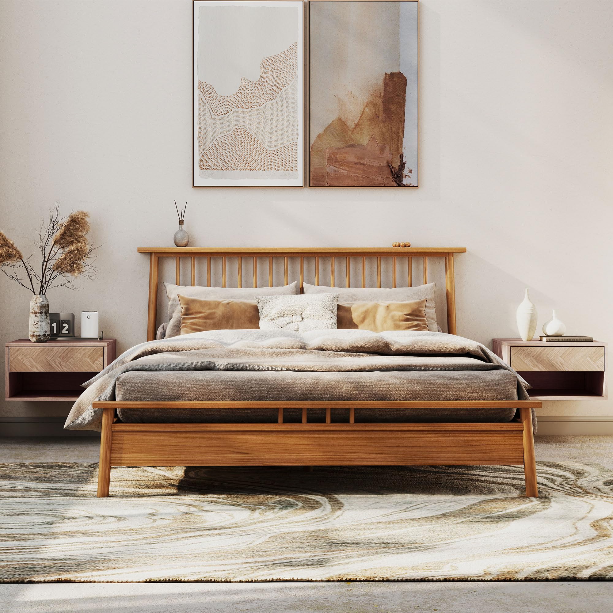 HOMCOM Lot de 2 Tables de Chevet murales, Tables de Nuit suspendues avec tiroir Coulissant, Compartiment Ouvert, Plateau, Style Moderne, 37 x 32 x 21 cm, Bois Naturel