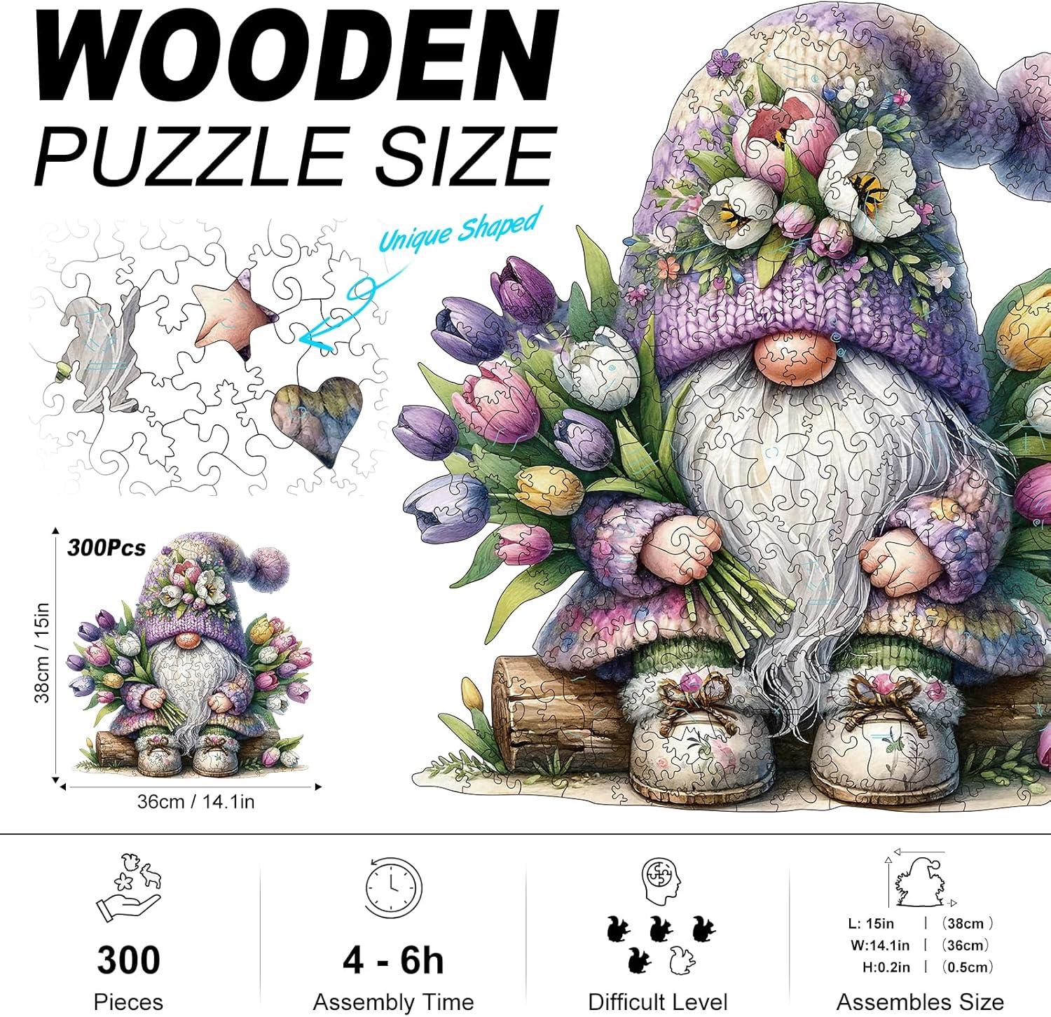 Gnome Wooden Puzzles for Adults, 300pcs Gnome Wooden Jigsaw Puzzles for Adults, Flowers Unique Shaped Jigsaw Puzzles Creative Gift for Friend Family Game Large Size 15'' x 14.1''