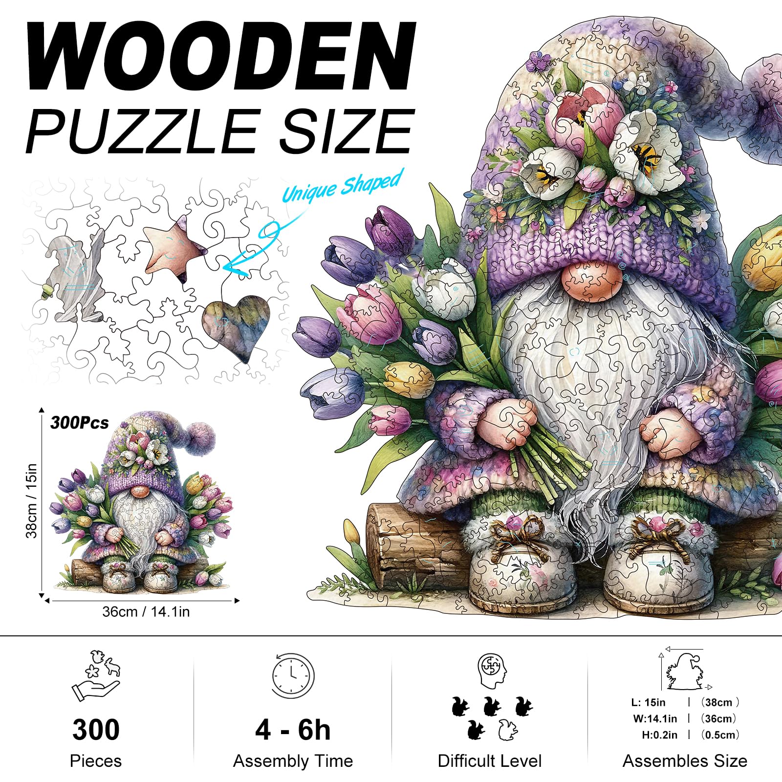 Puzzle in legno a forma di gnomo per adulti, 300 puzzle in legno con gnomo per adulti, fiori puzzle a forma unica regalo creativo per amici e familiari gioco di grandi dimensioni