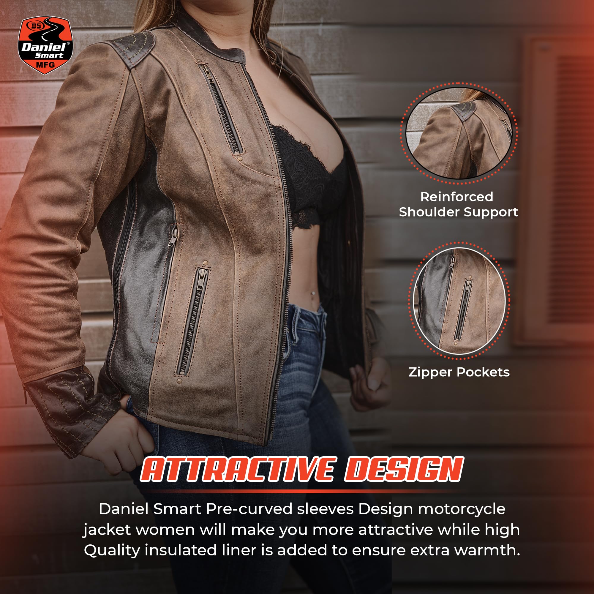 Daniel Smart Women Leather Jacket Cowhide Women Motorcycle Jacket with Vintage Brown Design inside Carry Pocket — view 3