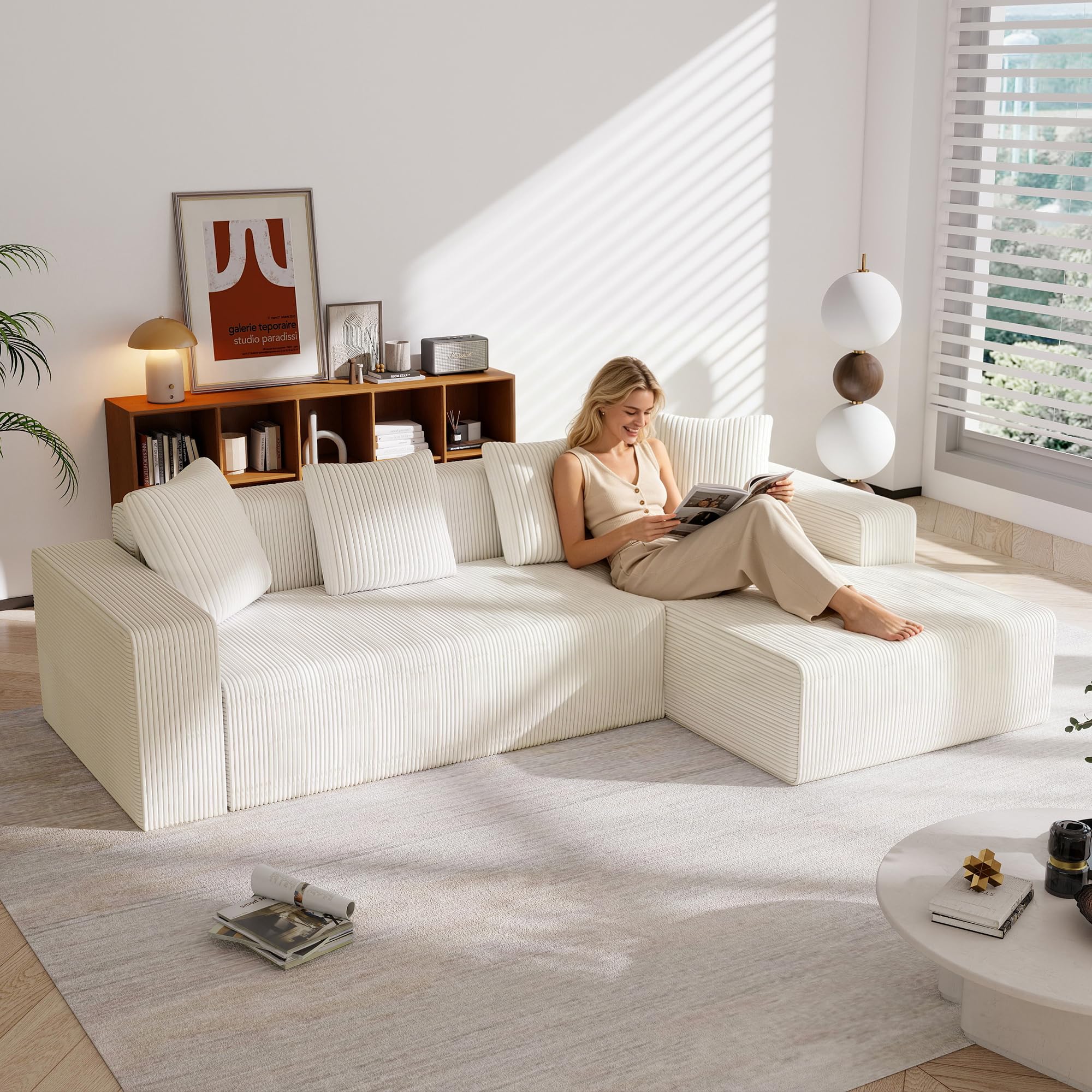 Sofá esquinero modular de 261 cm, sofá de 3 plazas comprimido con chaise longue profunda y 4 cojines, sofás combinados de espuma viscoelástica para sala de estar, apartamento, color blanco