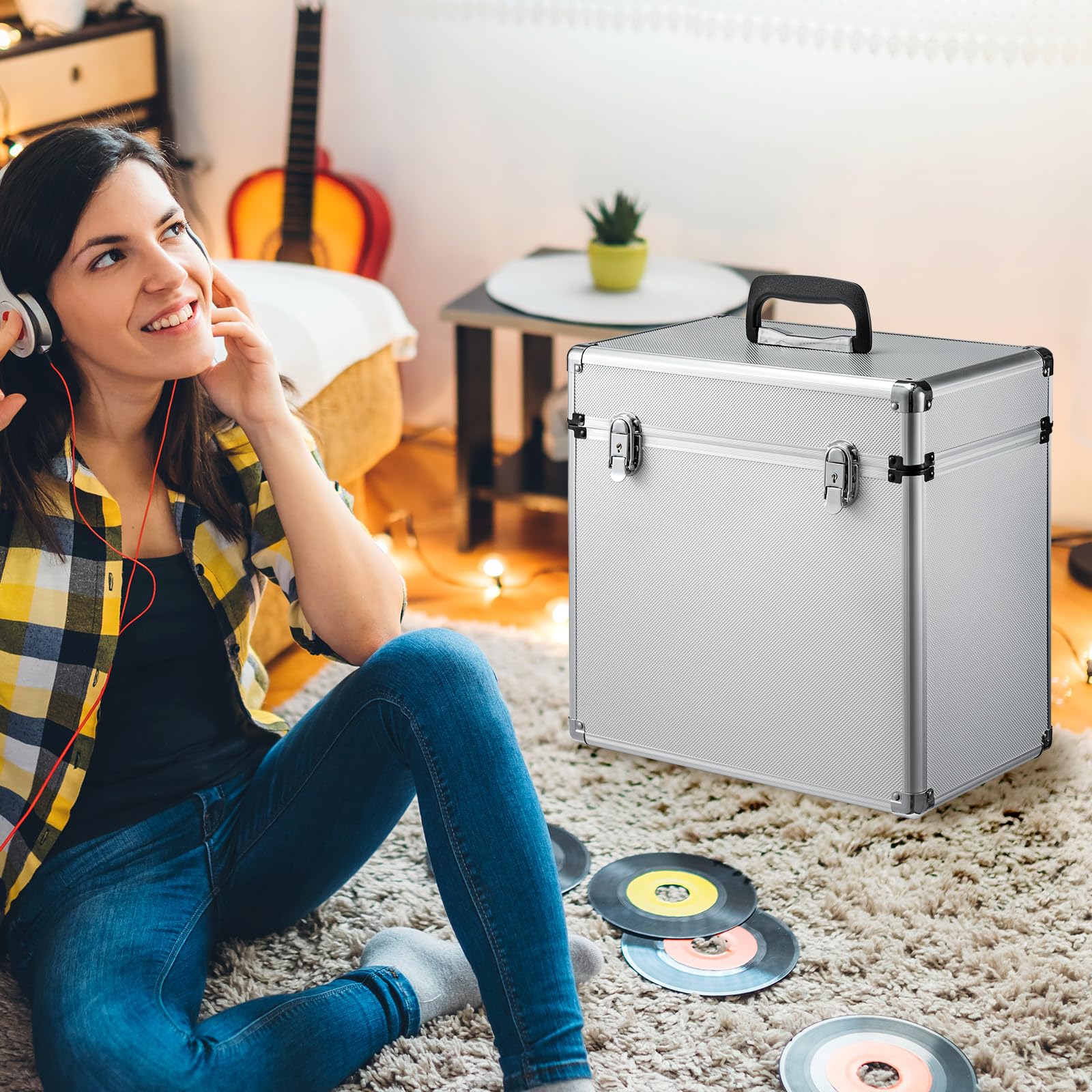 Youyijia Plattenkoffer Schallplattenkoffer LP-Koffer 12 Zoll 50 LP Vinyl Record Schallplatten Aufbewahrungsbox Tragbarer Abschließbarer Vinyl Koffer für die Aufbewahrung Wertvoller Alben