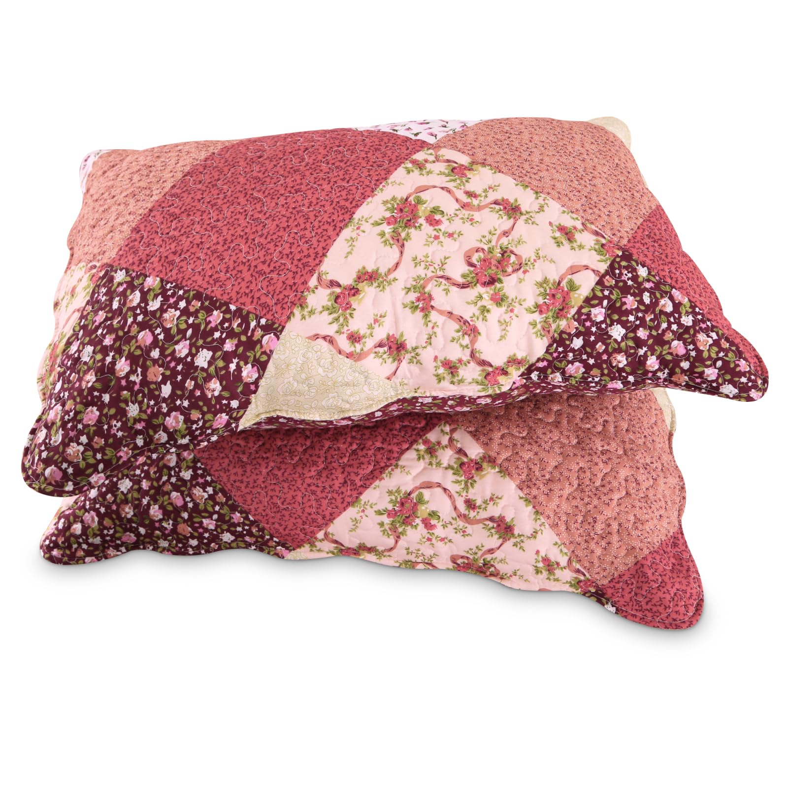 Qucover Lot de 2 Taies d'oreiller 50x75cm, Housse de Coussin 50x75cm Patchwork en Coton et Polyester Brossé Super Doux et Confortable, Taie d'oreiller Rose Beige et Rouge Floral Grande Décoration