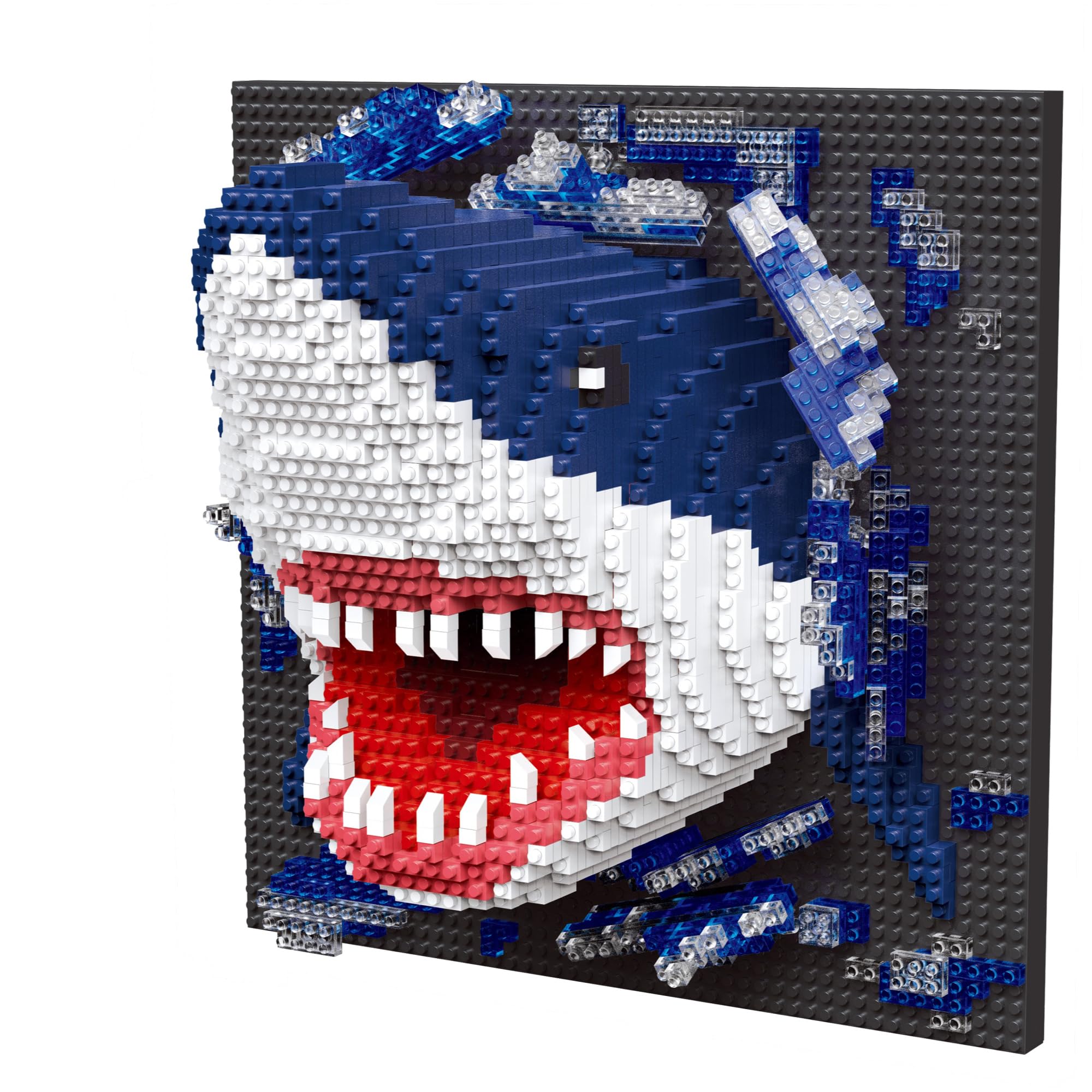 alltogetho Micro Mini Building Blocks Shark – Dynamic 3D Wall Art with Transparent Splash & Epic Mouth – Unique Office Game Room Decor, DIY Gift — image 1