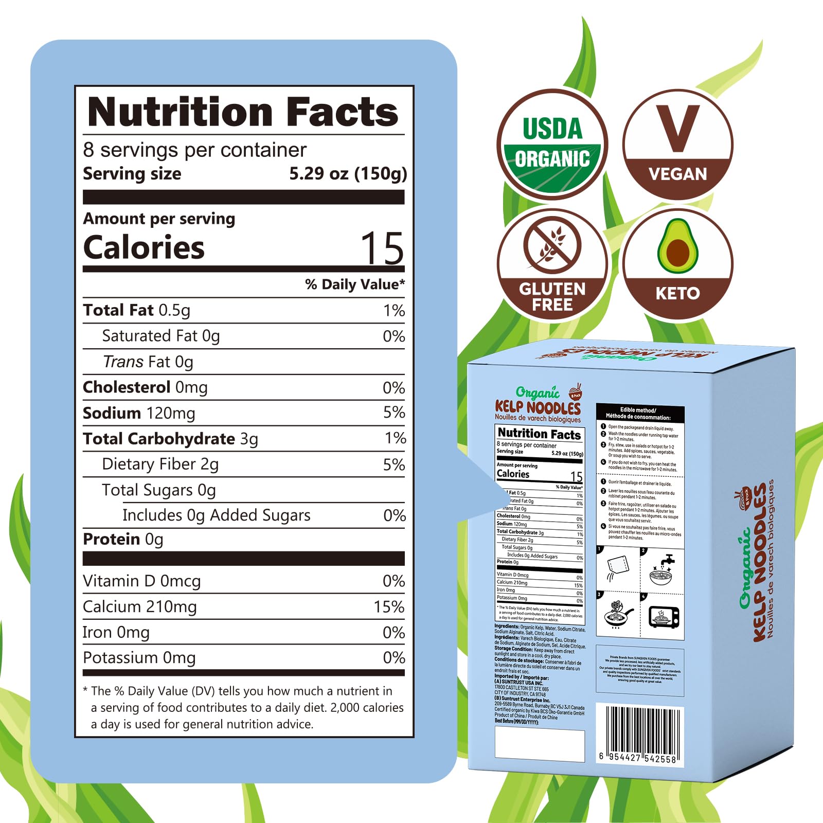 SUNGIVEN Organic Kelp Noodles 50.8 Oz Low Sodium Gluten Free Keto Low Calorie Vegan 6.35 Oz Pack of 8